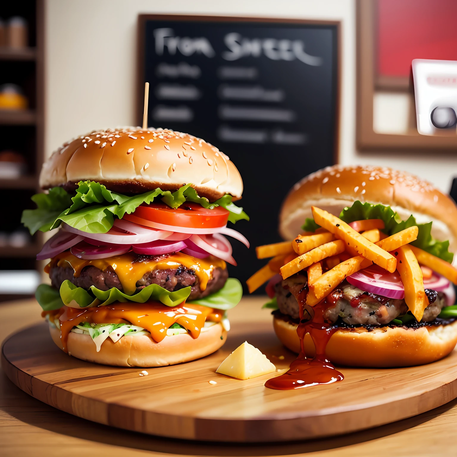 Create a burger with fries to be sold in a sandwich shop. --auto