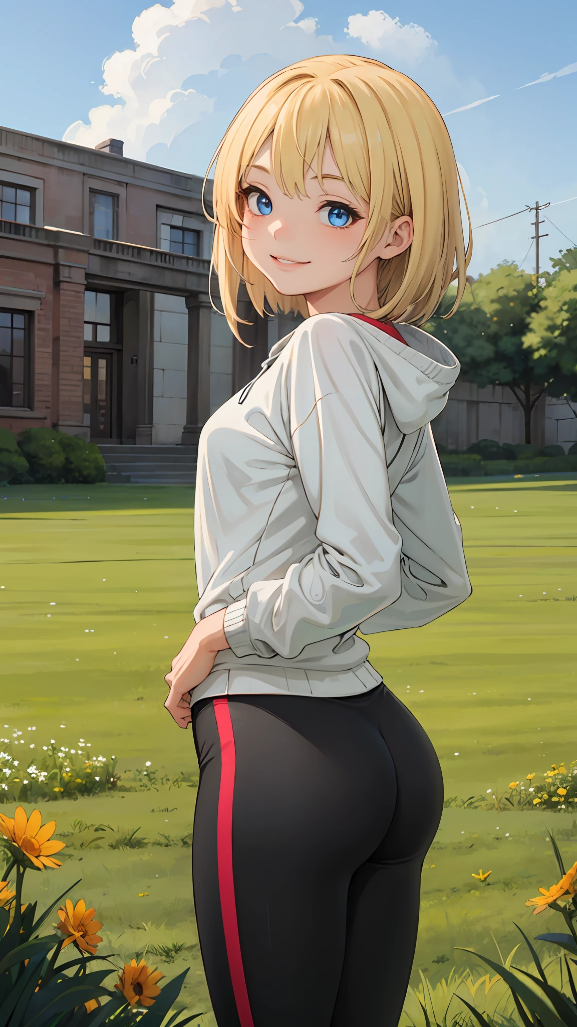 best quality, masterpiece, small breasts, smile, sweatshirt, leggings, outdoors, alone, anime style, grass field, daytime, blue sky, blue eyes, detailed eyes, medium hair, blonde hair, loose hair, bangs, ass,