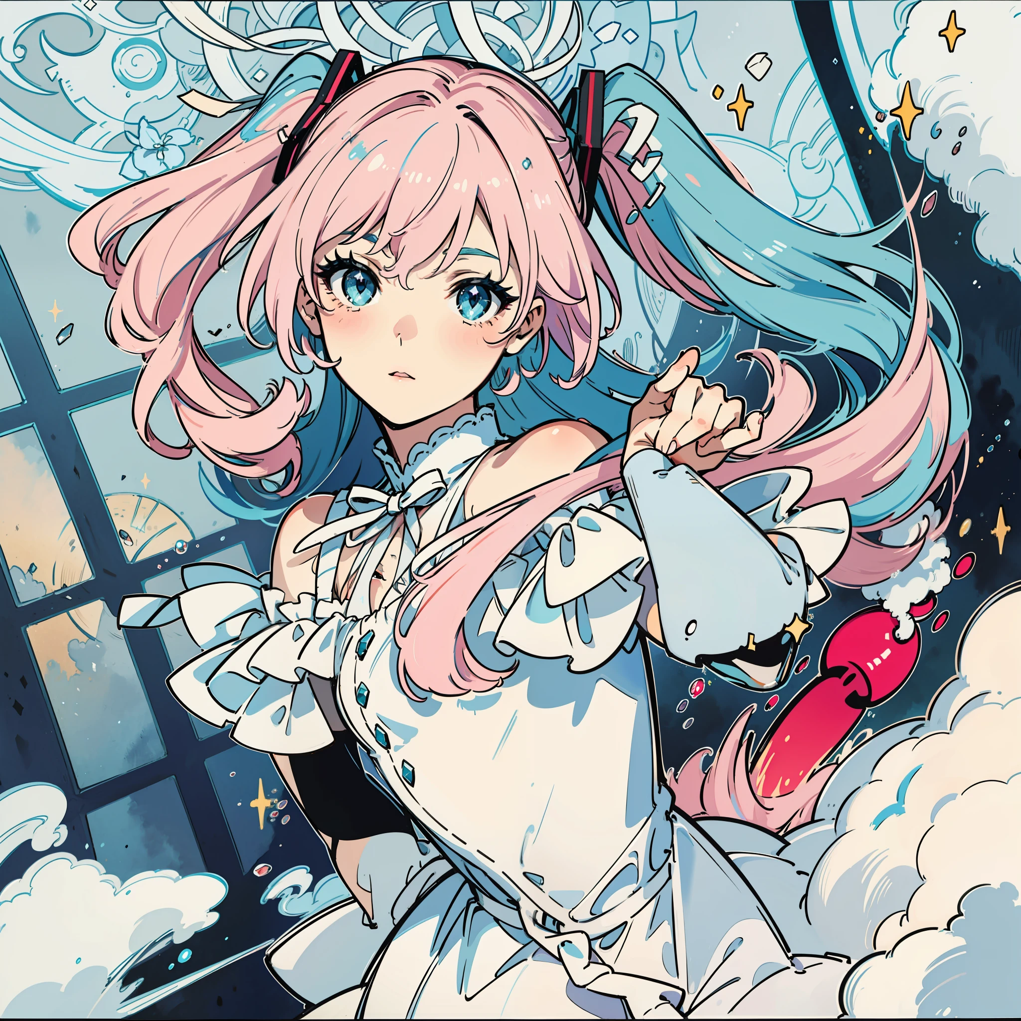 High quality Hatsune Miku，Best portrayed，Realistic portraits，Strong sense of three-dimensionality，Energetic dance，(1girl)，flickering eyes，（Pink hair color:1.2+Blue hair color:1.2+Blonde hair color:1.2），White holiday clothing，Sparkling red shoes，Brilliant skylight，See the full picture，Watercolor rendering，Beautiful illustrations。