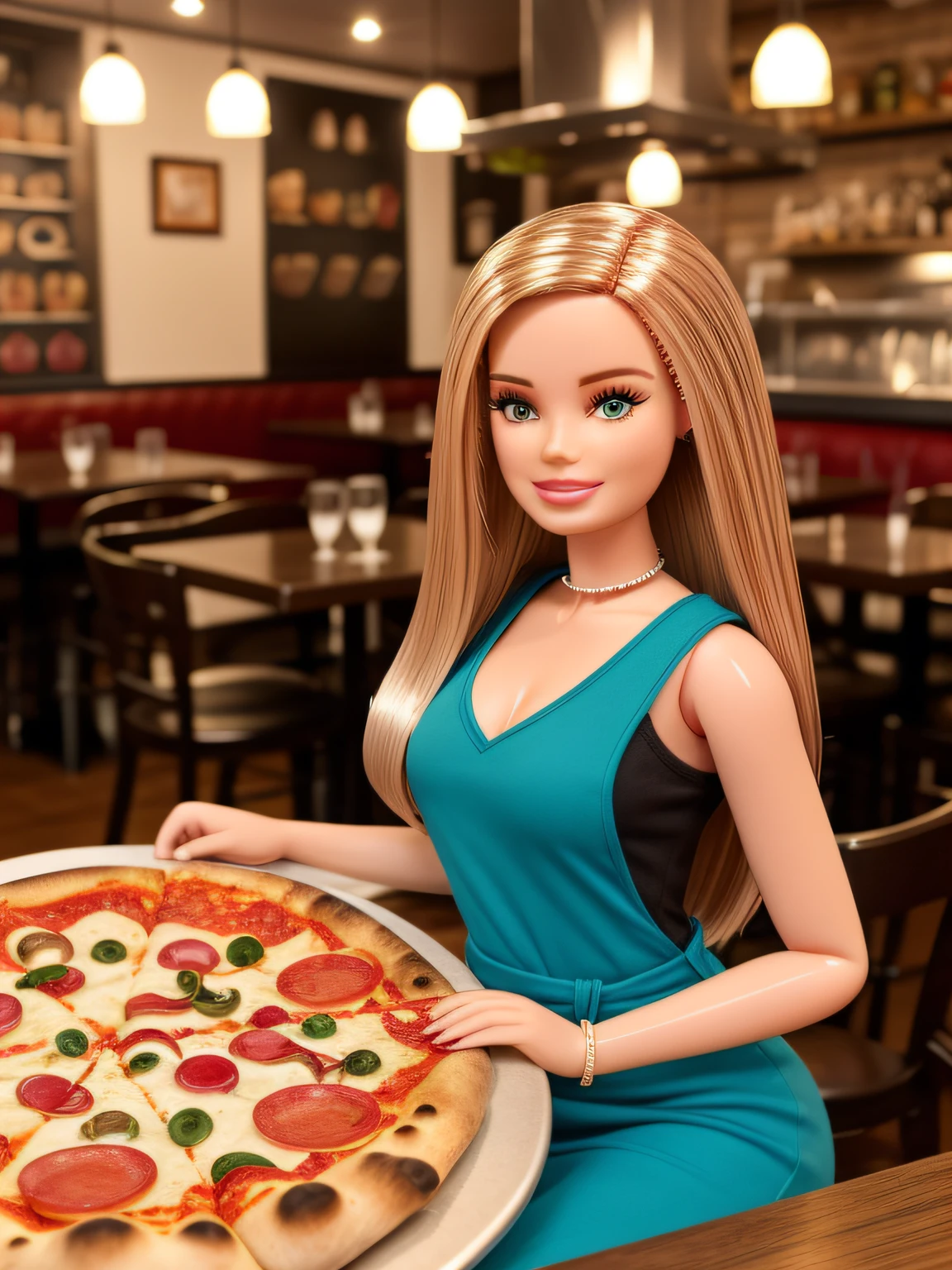 Imagem da Barbie do novo filme, retratada como uma jovem mulher com longos cabelos loiros ondulados e olhos azuis vivos. She has a friendly expression and a radiant smile. Barbie is wearing an elegant pink casual dress. Ao seu lado, is your friend, sorrindo e segurando dois ingressos de cinema. Both are sitting at a pizzeria table, In front of them is a beautiful delicious-looking pizza, com queijo derretido e coberturas coloridas. The pizza has a perfect appearance, com uma crosta dourada bem assada, sem sinais de queimado. Barbie is about to take a bite of pizza, looking at the camera with a cheerful and enthusiastic look. The atmosphere is cozy and familiar, with a stylized pizzeria décor in the background. Your pizzeria's logo should be visible in a corner of the image.