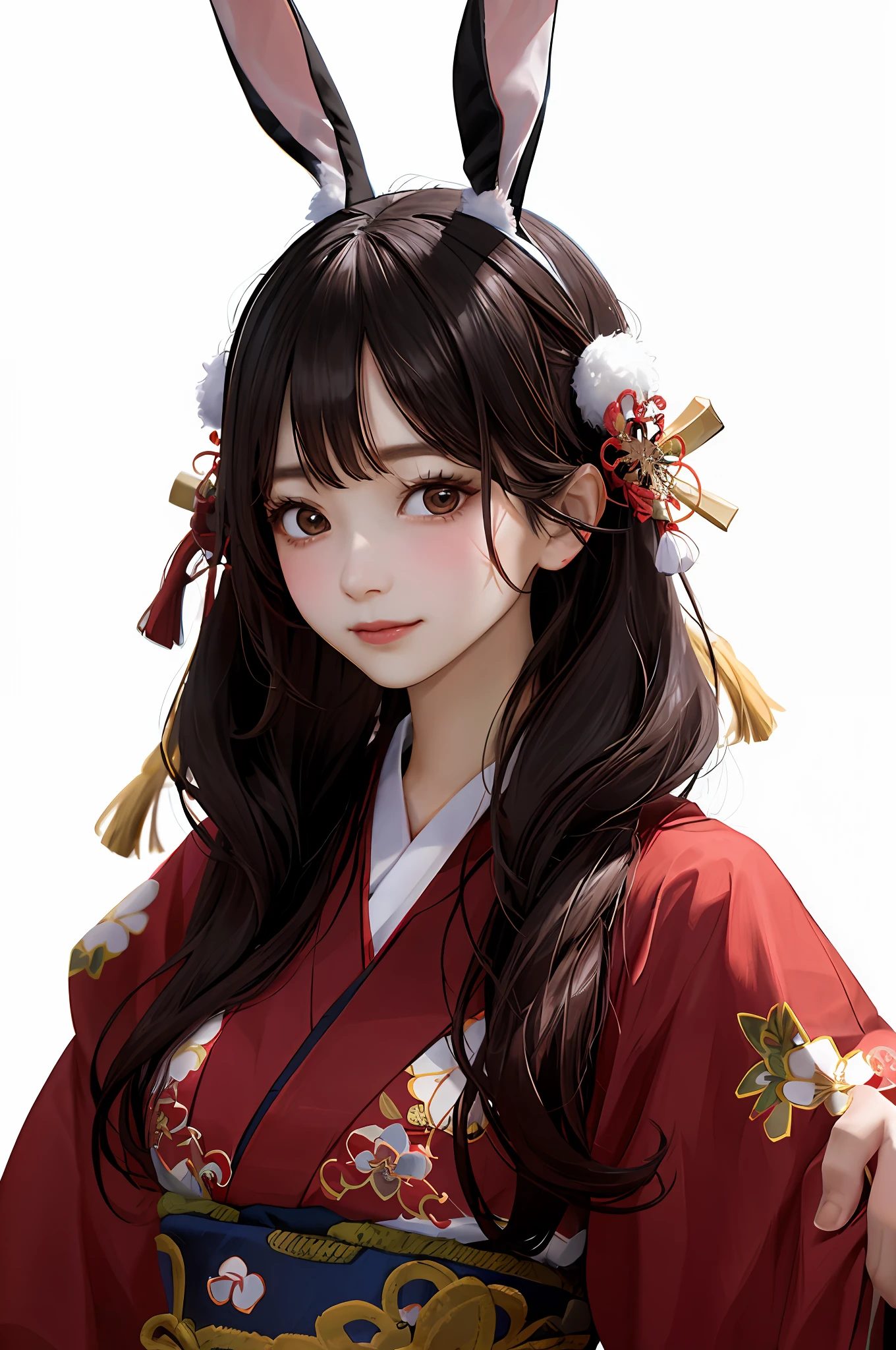 a close up of a woman wearing a red kimono with bunny ears, iu lee ji-eun as a super villain, Hanfu, korean artist, royal palace ， A girl in Hanfu, gongbi, Korean girl, Beautiful Korean Woman, Traditional beauty, Korean woman, flowing hair and long robes, portrait of female korean idol, sakimichan