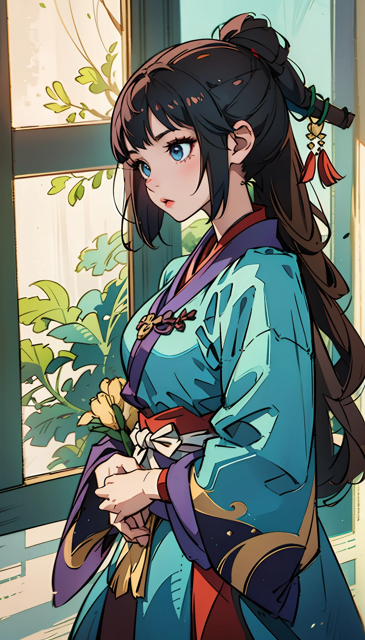 anime girl in traditional dress praying in front of a window, Guviz-style artwork, Guviz, Royal Palace , A girl in Hanfu, trending on cgstation, Artgerm and Atey Ghailan, 《genshinimpact》in the clear, zhongli from genshin impact, guweiz masterpiece, Onmyoji detailed art,Movie-watching effect,Side lighting,Reflective,Transmits light through windows,smog,Tyndall's effect