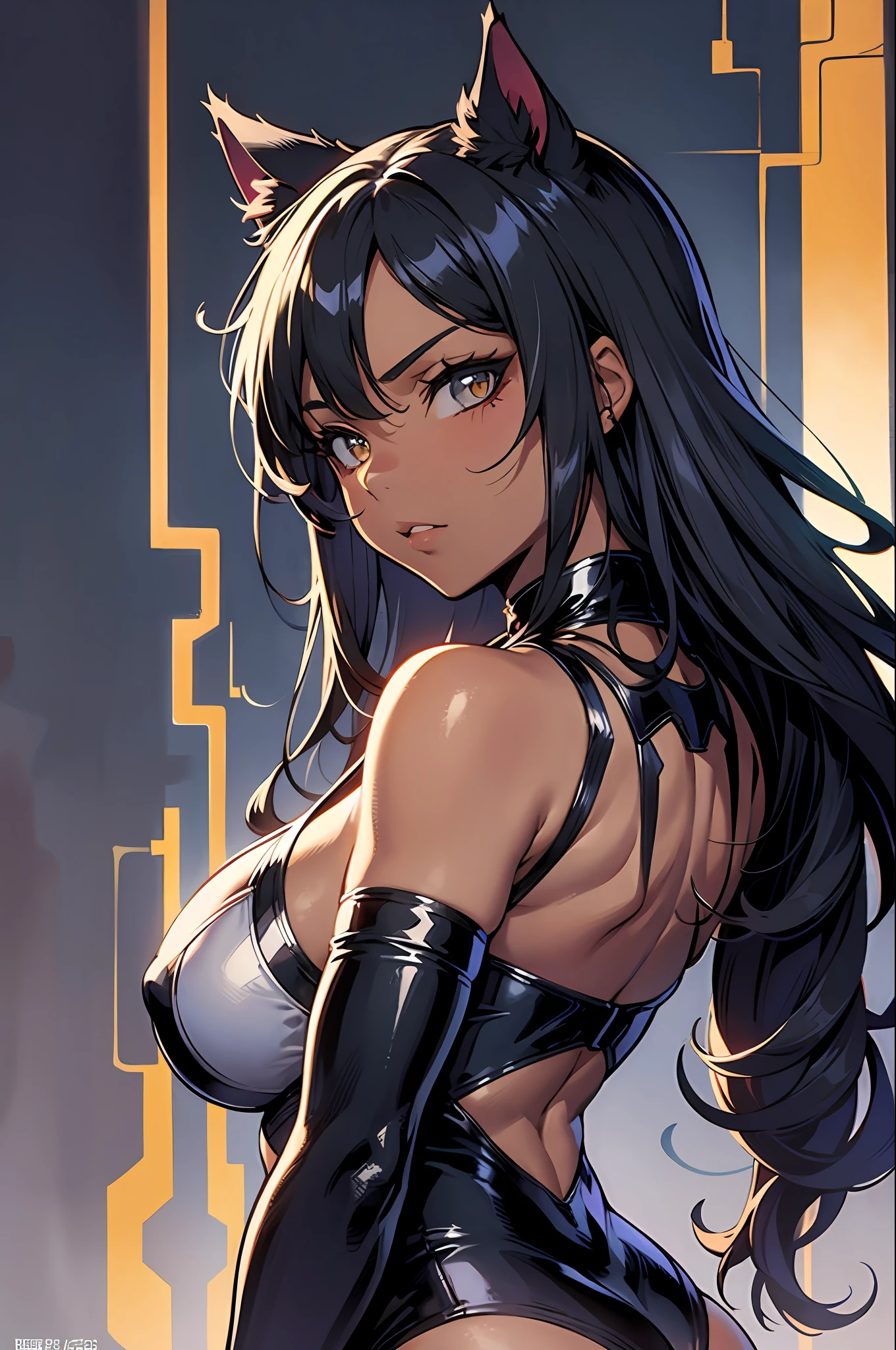 Masterpiece, Excellent, 1girl, solo, complex details, color diffusion, comic book, anime, marvel, DC, catgirl, dark skin, ebony, brown skin, dark-skinned female, big butt, thighs, ass, cat ears, cat tail, dark hair, black hair, skimpy attire, epic attire, assassin, badass, deadly but sexy, trending, demon, goddess