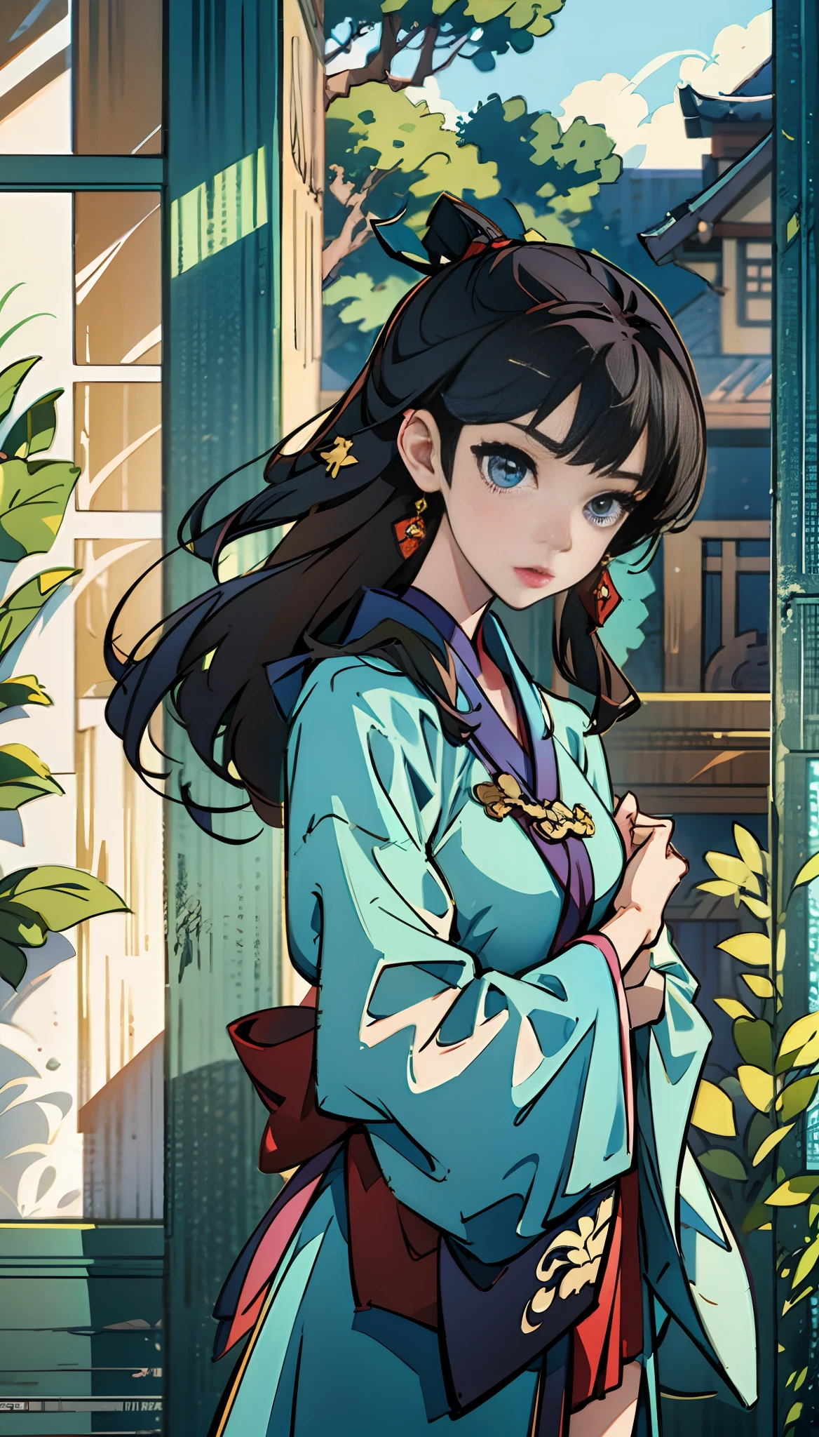 anime girl in traditional dress praying in front of a window, Guviz-style artwork, Guviz, Royal Palace ， A girl in Hanfu, trending on cgstation, Artgerm and Atey Ghailan, 《genshinimpact》in the clear, zhongli from genshin impact, guweiz masterpiece, Onmyoji detailed art，Movie-watching effect，Side lighting，Reflective。