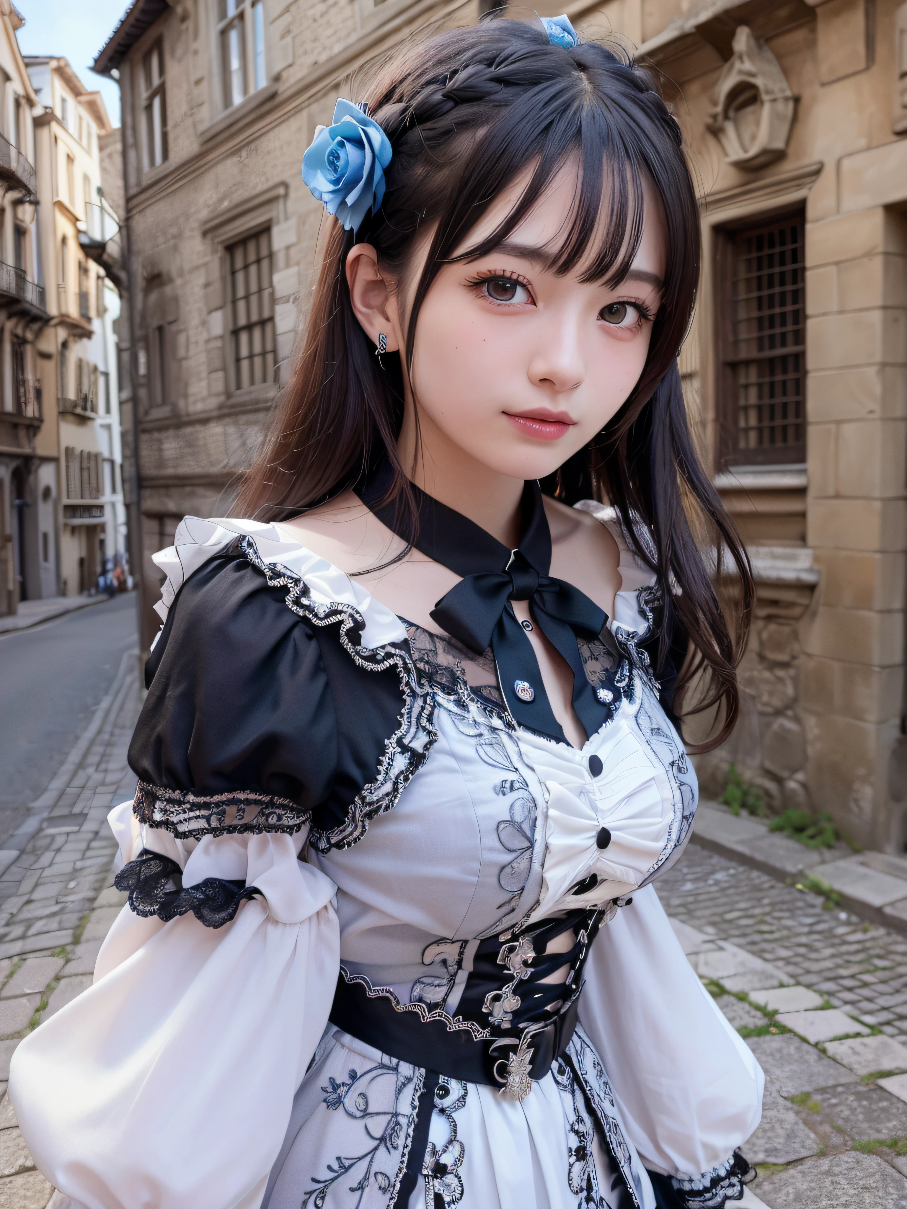 (realistic, photo realistic:1.37), incredibly absurdres, (insanely detailed:1.3), 8k, (masterpiece), (best quality:1.4), (ultra high res:1.2), (RAW photo:1.2), ultra detailed background, (unity 8k wallpaper), 1 nogizaka girl, utterly cute, (bishojo:1.05), (15yo:1.1), (ALICE and the PIRATES fashion), (delicate detailed beautiful dress), (hair accessory with blue rose), (an exquisitely detailed and beautiful face and eyes and skin), (detailed black shine hair), medium breasts, (smile at the camera), cowboy shot, castles scenery in europe, professional lighting