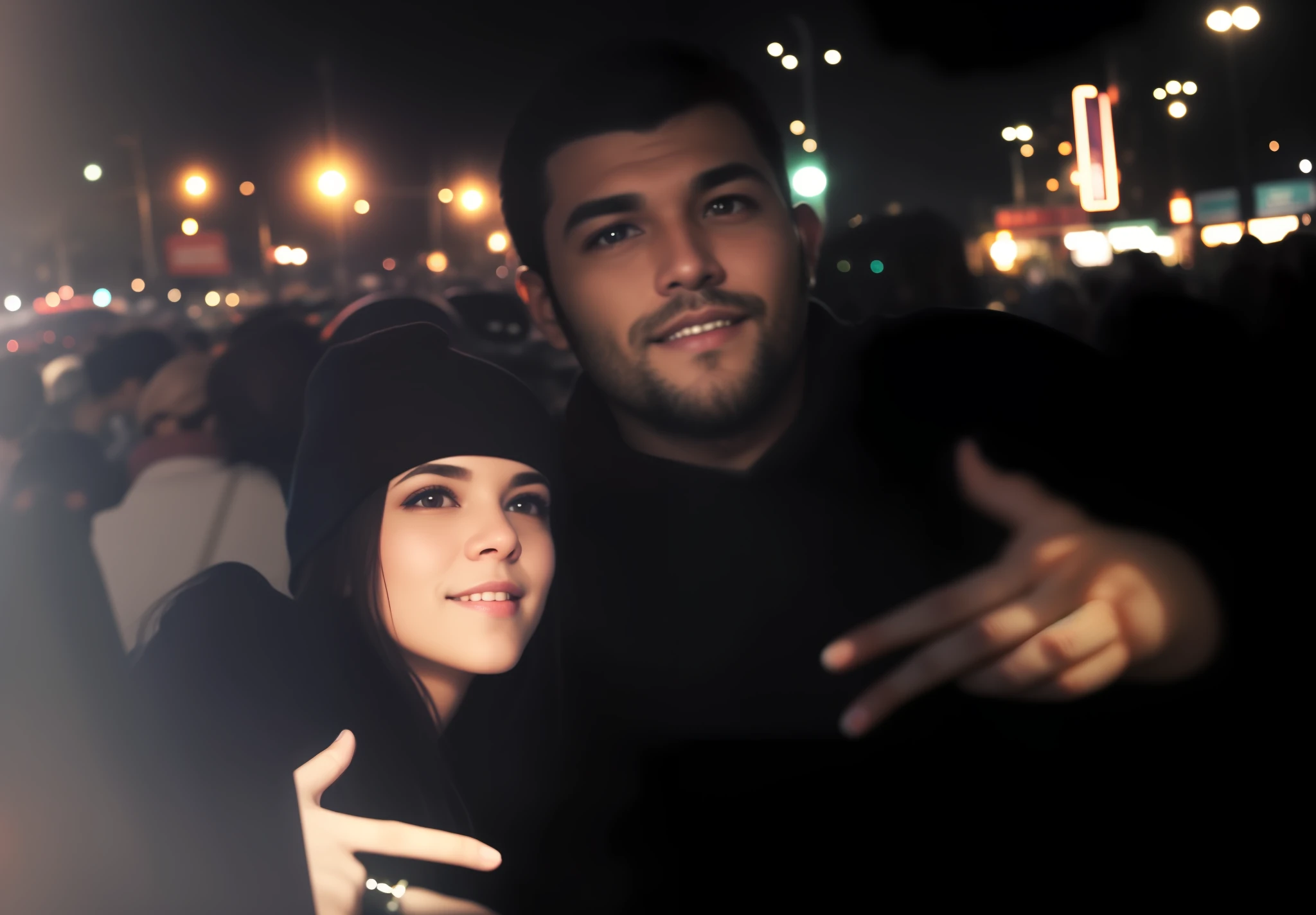 Um retrato de um casal de 25 anos em roupas casuais, noite, rua da cidade, (pele altamente detalhada: 1.2), 8k uhd, dslr, gentle illumination, alta qualidade, movie grain, Fujifilm XT3