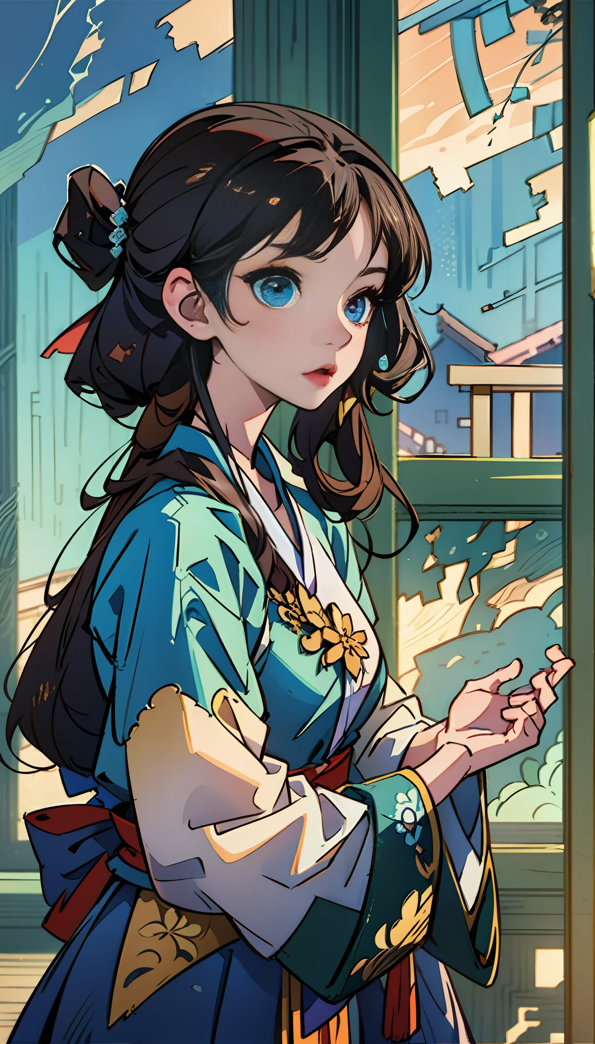 anime girl in traditional dress praying in front of a window, Guviz-style artwork, Guviz, Royal Palace ， A girl in Hanfu, trending on cgstation, Artgerm and Atey Ghailan, 《genshinimpact》in the clear, zhongli from genshin impact, guweiz masterpiece, Onmyoji detailed art，Movie-watching effect，Side lighting，Reflective，Transmits light through windows，smog，Tyndall's effect