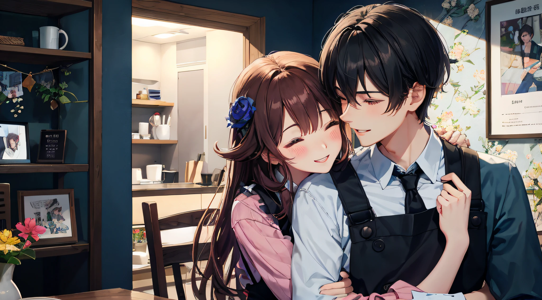 (mtu1Man and woman1The human)、A man is hugging a woman from behind、30s、(kitchin)、pinafore、Parted lips、blush on、makeups、lightl smile、black har、(巨作)、wall-paper、