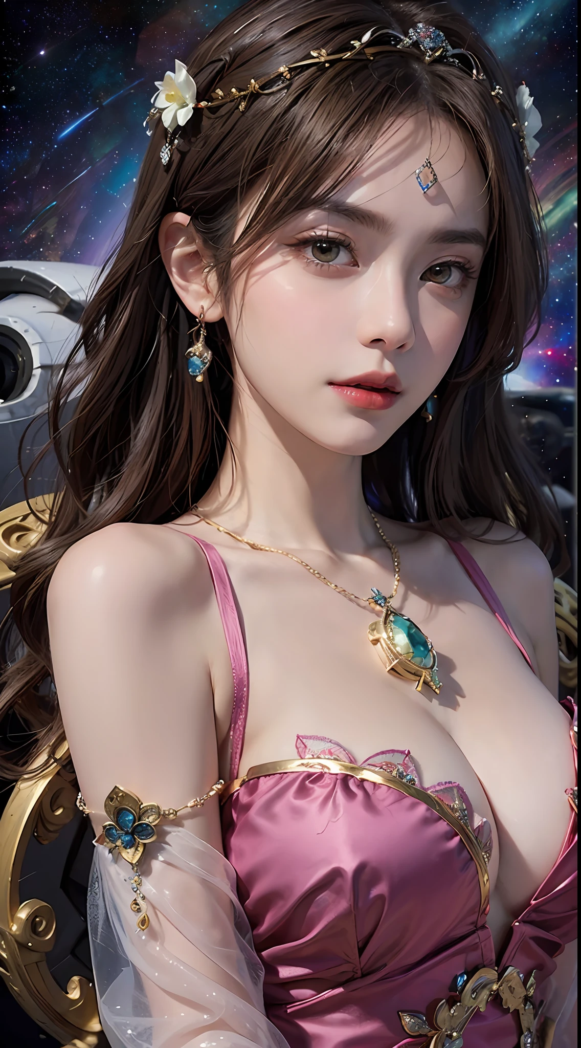 1 27-year-old girl, 1 zodiac goddess from the future, goddess of the pink and purple 12 zodiacs, the goddess of the zodiac in a yellow ao dai, a 12 zodiac ao dai with many black lace detail, mythology Goddess of the 12 zodiacs from the future, zodiac ♏, luxurious glittering zodiac style, dark and mysterious version, zodiac crown, lipstick lips red, thin and beautiful lips, don't smile, keep your mouth shut, characters made by karol bak and pino daeni, intricate detail, detailed background, extremely detailed, light magic, a woman, clear face, look at the face of goddess zodiac look at the zodiac goddess face, moderately large breasts, round breasts, Big and round breasts, hair long with bangs, beautiful face in detail and well-proportioned eyes, (transparent yellow eyes: 1.8), big round eyes and very beautiful and detailed makeup, foresight, silk dress, mysterious makeup, Bangles, double bangs and dyed light blonde, upper body, (zodiac goddess upper body: 1.9), arms hanging loosely, Realistic and vivid photo, (stars make up the zodiac: 1.7), (sky background zodiac and fictitious space and time portal: 1.8), fiction art, RAW photo, hanfu picture, best photo, high_res, best quality, best photo quality, 8k quality, 8k ultra, super realistic, real photo most economical, artistic portrait of goddess zodiac, 1 symbol of 12 zodiac signs on the back, single portrait of 1 zodiac goddess, The most realistic color scheme, the best photo color, masterpiece, hair ornament, necklace, jewelry, Beautiful face, upon body, tyndall effect, photo realistic, dark studio, rim lighting, two tone lighting, (high detailed skin:1.2), 8k uhd, dslr, soft lighting, high quality, volumetric lighting, candid, Photograph, high resolution, 4k, 8k quality, Bokeh, Smooth and sharp, increase the pixel by 10x, Charming zodiac goddess, sexy zodiac goddess, (background space:1.8), (galaxy: 1.7), aurora, lightning, (Auroral Background: 1.8) <lora:locon_perfecteyes_v1_from_v1_