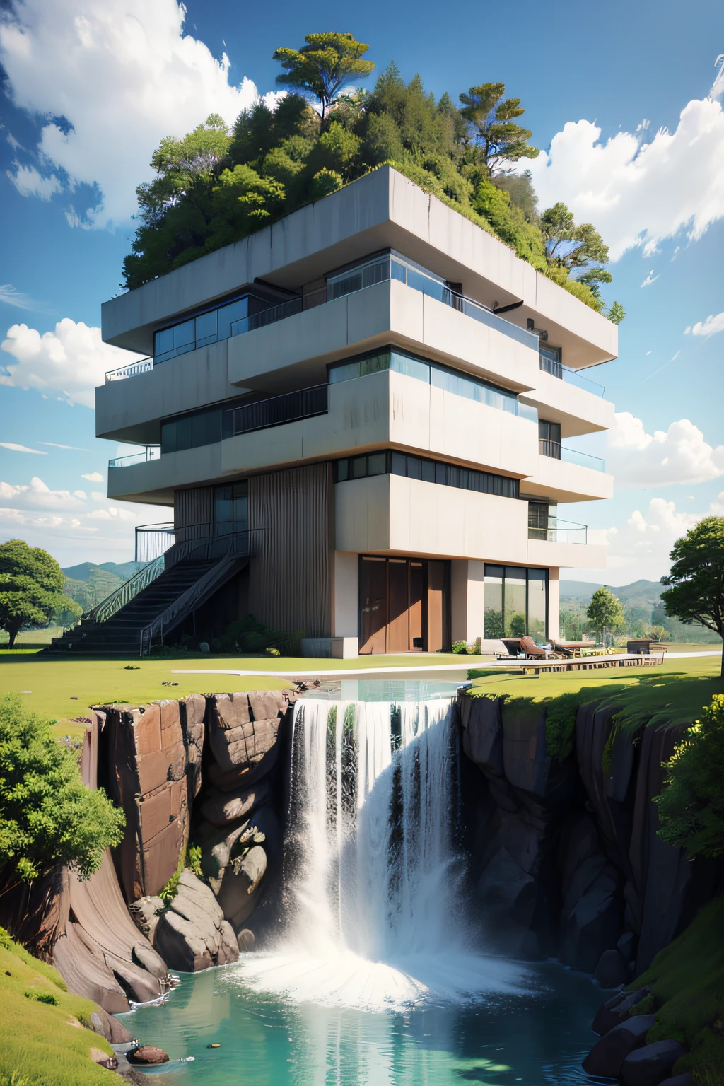 Arquitetura moderna, Concrete house suspended on top of the waterfall, organic architecture, construction of a floor, many trees around, Arquitetura futurista, Casa futurista, organic architecture A waterfall landscape, hiper-realismo, imagem 4k, Joao Salvador
