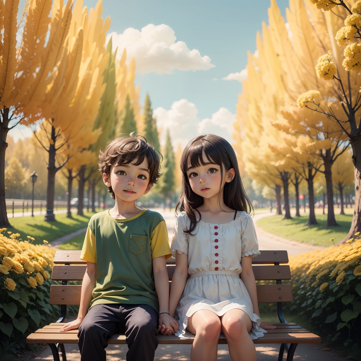 Two cute  cartoon style, um pequeno menino e uma menina charmosos, sitting holding hands on a bench in the park surrounded by beautiful yellow flowers and natural landscapes, High definition illustration in 4K resolution, com recursos faciais altamente detalhados e visuais em estilo cartoon. --auto