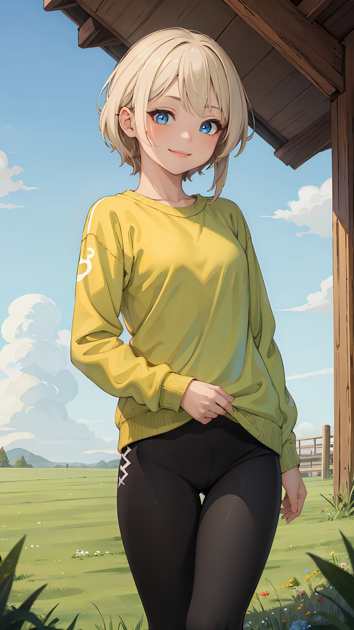 best quality, masterpiece, small breasts, smile, sweatshirt, leggings, outdoors, alone, anime style, grass field, daytime, blue sky, blue eyes, detailed eyes, medium hair, blonde hair, loose hair, bangs,