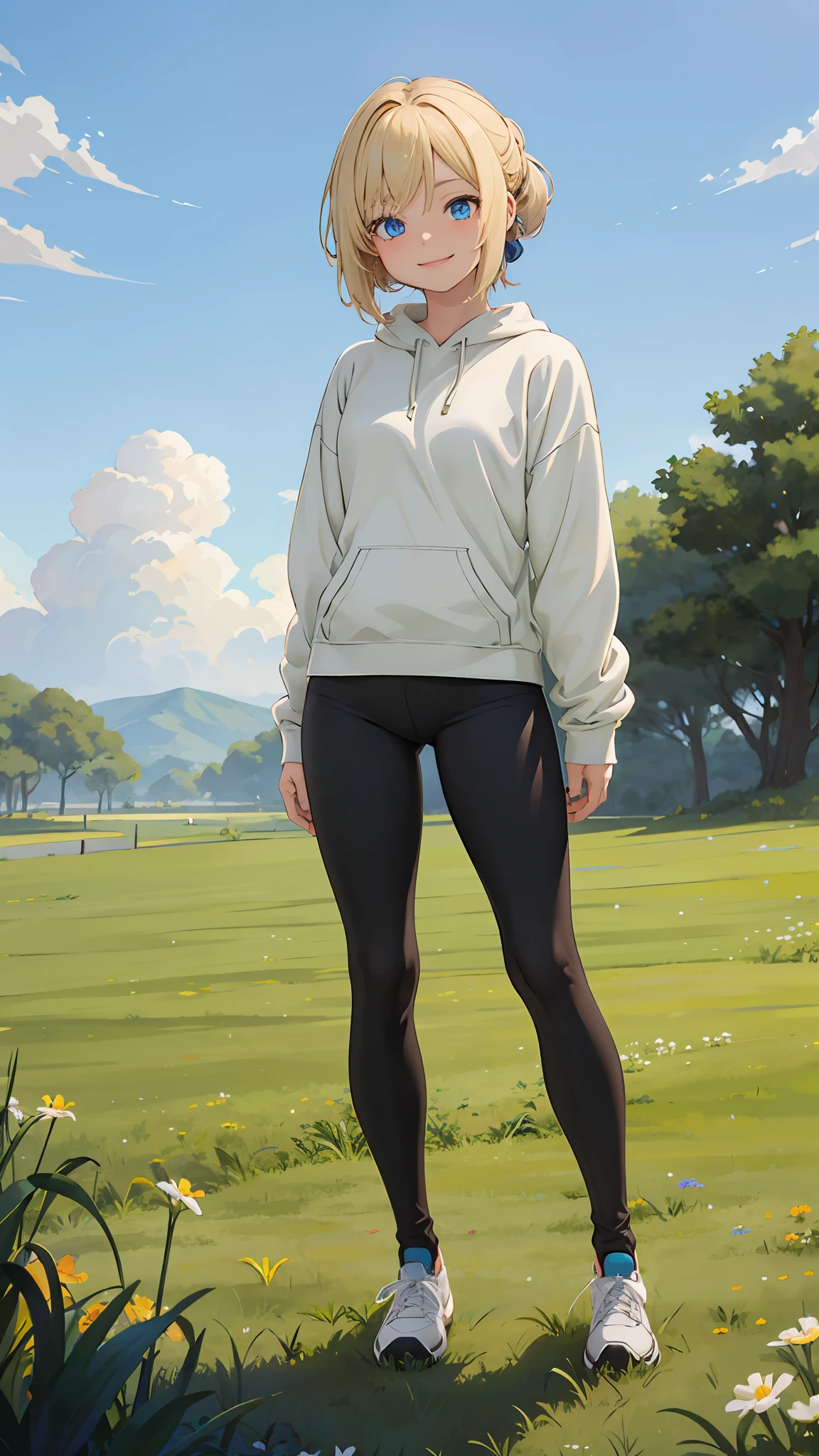best quality, masterpiece, small breasts, smile, sweatshirt, leggings, outdoors, alone, anime style, grass field, daytime, blue sky, blue eyes, detailed eyes, medium hair, blonde hair, loose hair, bangs,