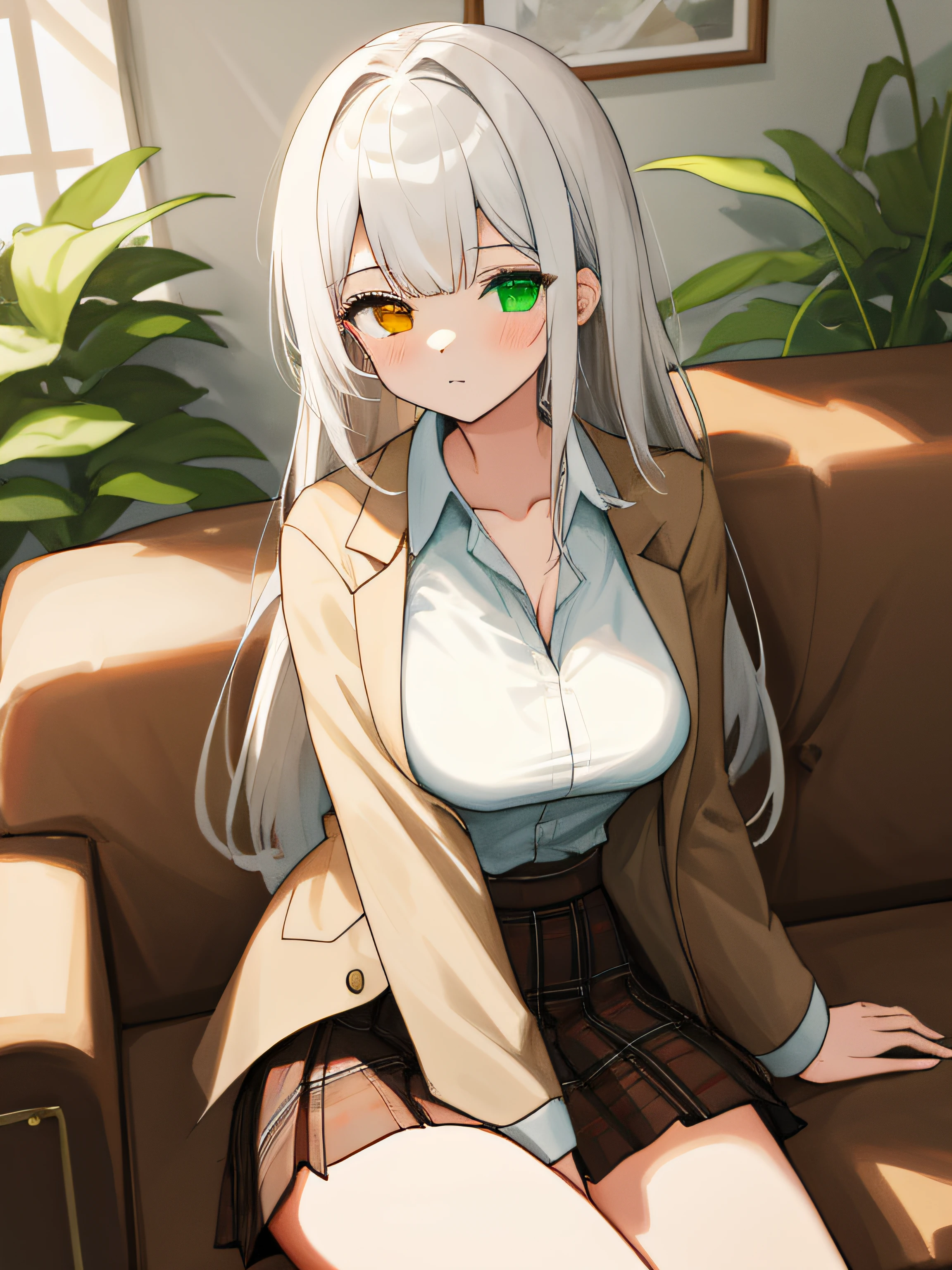 (masterpiece, best quality, absurdres), 1girl, solo, solofocus, white hair, long hair, heterochromia, green eye, yellow eye, medium to large breasts, teenager, closeup, indoors, plaid skirt, brown shirt, white t shirt, beige blazer, sunlight, windows, plants in background, couch, white wall