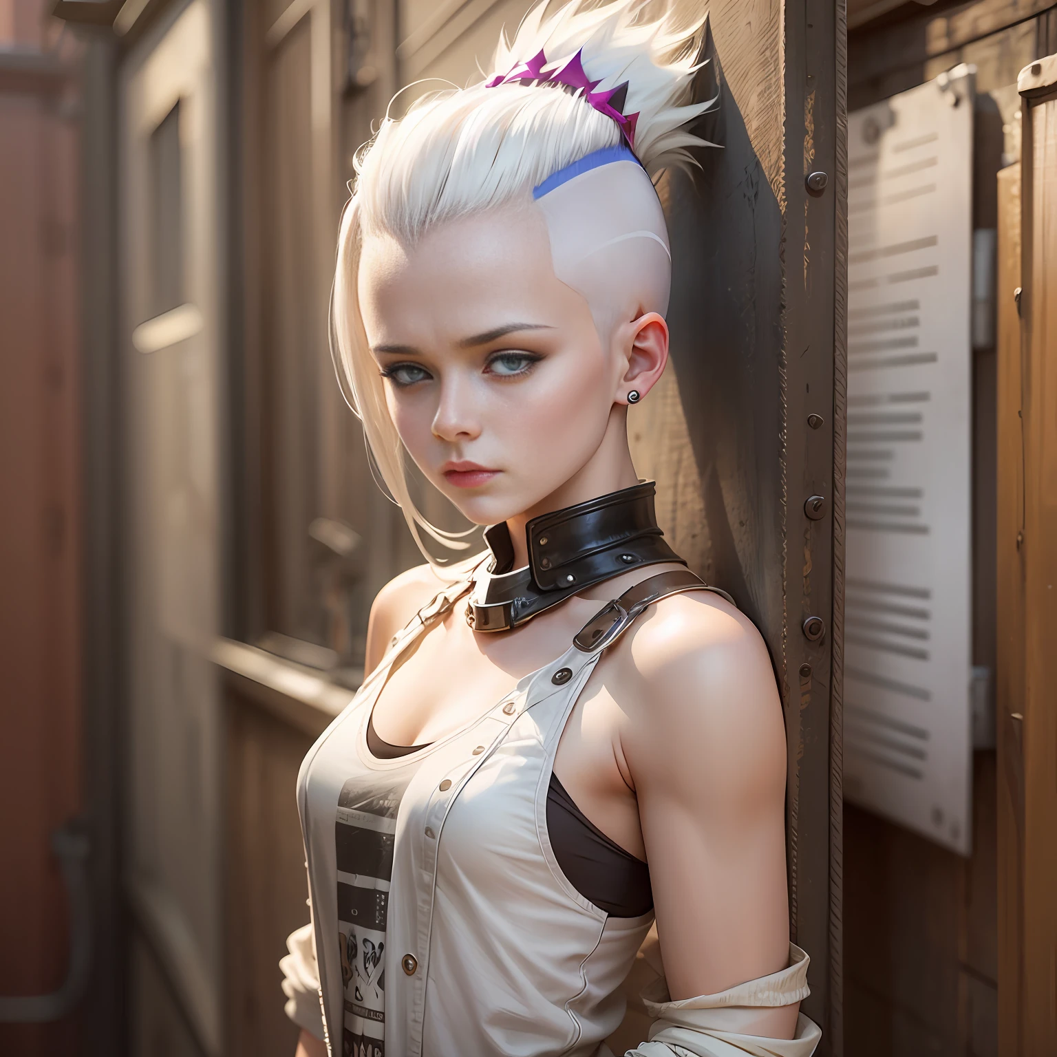 a 17-year-old girl [Alexis Bledel], white hair, mohawk style, sad