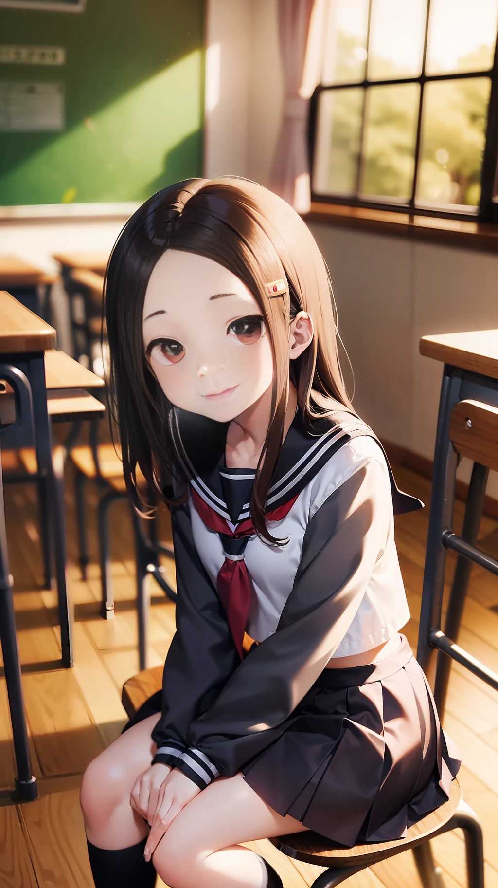 ((((Takagi )))),kawaii,sitting in the chair,white serafuku,Skirt,Best quality,High quality,巨作,(Evil smile),black kneehighs,Loafers,Classroom,Light,Light blush,see viewer