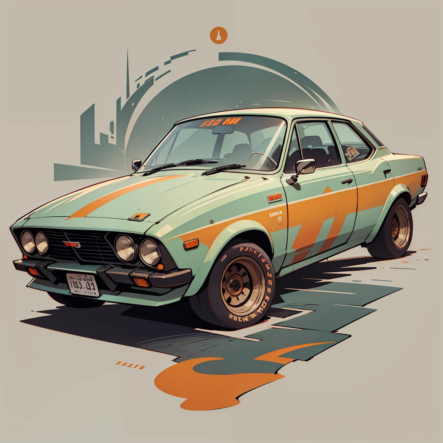 auto Datsun 180-j 1975 color naranja, con tabla de surf en la parte superior, Highly detailed illustration.", vehicle illustration, cartoon style illustration, estilo de dibujos animados, HD Illustration, ultra-detailed illustration, vector illustration, Hiper real altamente detallado, Highly detailed illustration, high detail illustration, retro illustration, Caricatura altamente detallada, artistic illustration, Arte vectorial altamente detallado, a beautiful art illustration