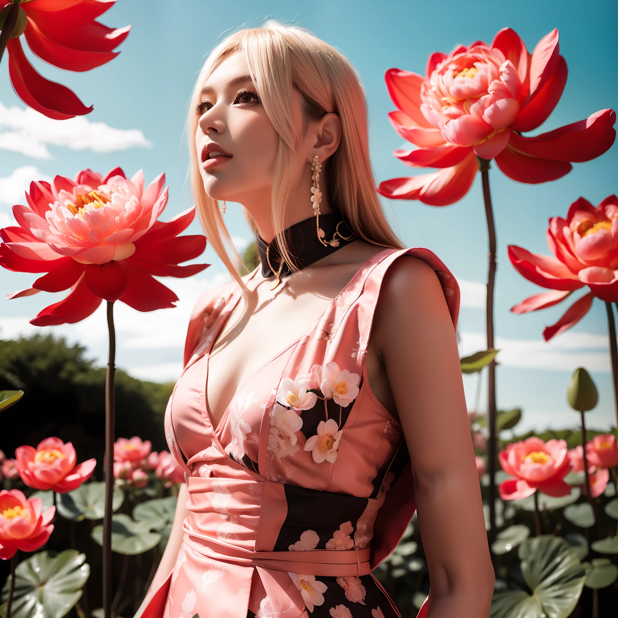 Capture a radiant female model in profile, wearing a high-fashion ensemble by Versace, resplendent with peony motifs. The ultra wide angle shot reveals a surreal landscape of blooming lotuses in the background. Medium: Elle, by Jamie Hawkesworth.  --ar 9:16 50 --style raw --s 2