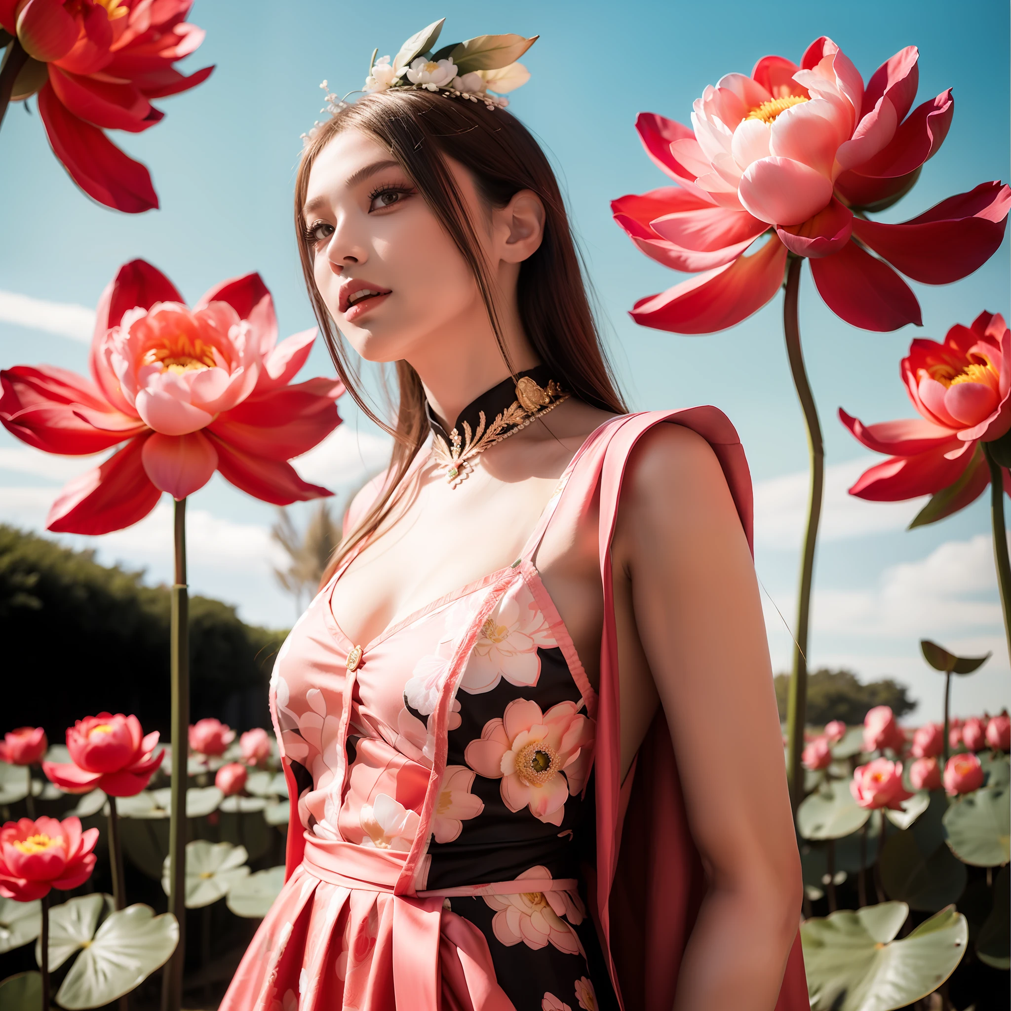 Capture a radiant female model in profile, wearing a high-fashion ensemble by Versace, resplendent with peony motifs. The ultra wide angle shot reveals a surreal landscape of blooming lotuses in the background. Medium: Elle, by Jamie Hawkesworth.  --ar 9:16 50 --style raw --s 2