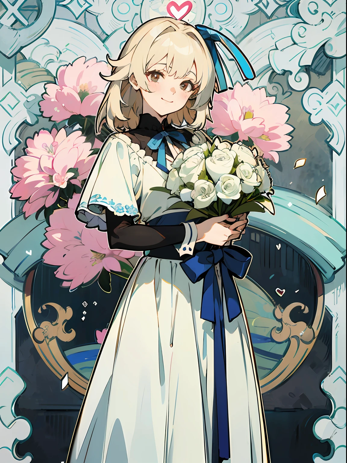 extremely detailed, anime, celebration party,bouquet,bouquet,bouquet,best quality, photorealistic:1.3 , tareme, detailed face, attractive smile, heart, highres, extremely detailed face, pale skin, lustrous skin, anime color palette, blouse, ribbon, skirt, cute girl, 8K, HDR