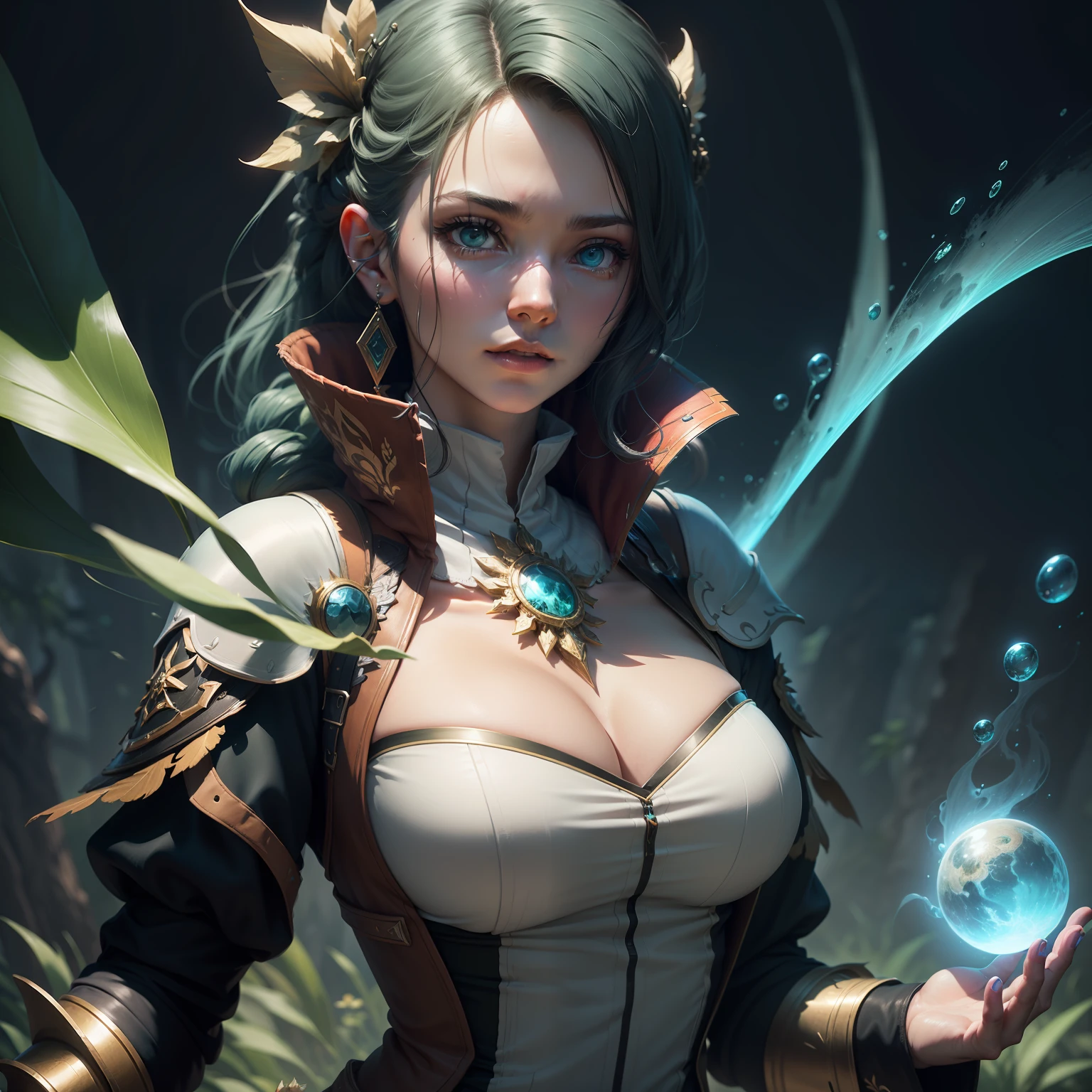 unity 8k wallpaper, ultra detailed, beautiful and aesthetic, masterpiece, best quality, 1girl, MMORPG druid, green colors, spiritual mage, deep florest background, extremely detailed, dynamic angle, elegant, vivid colours