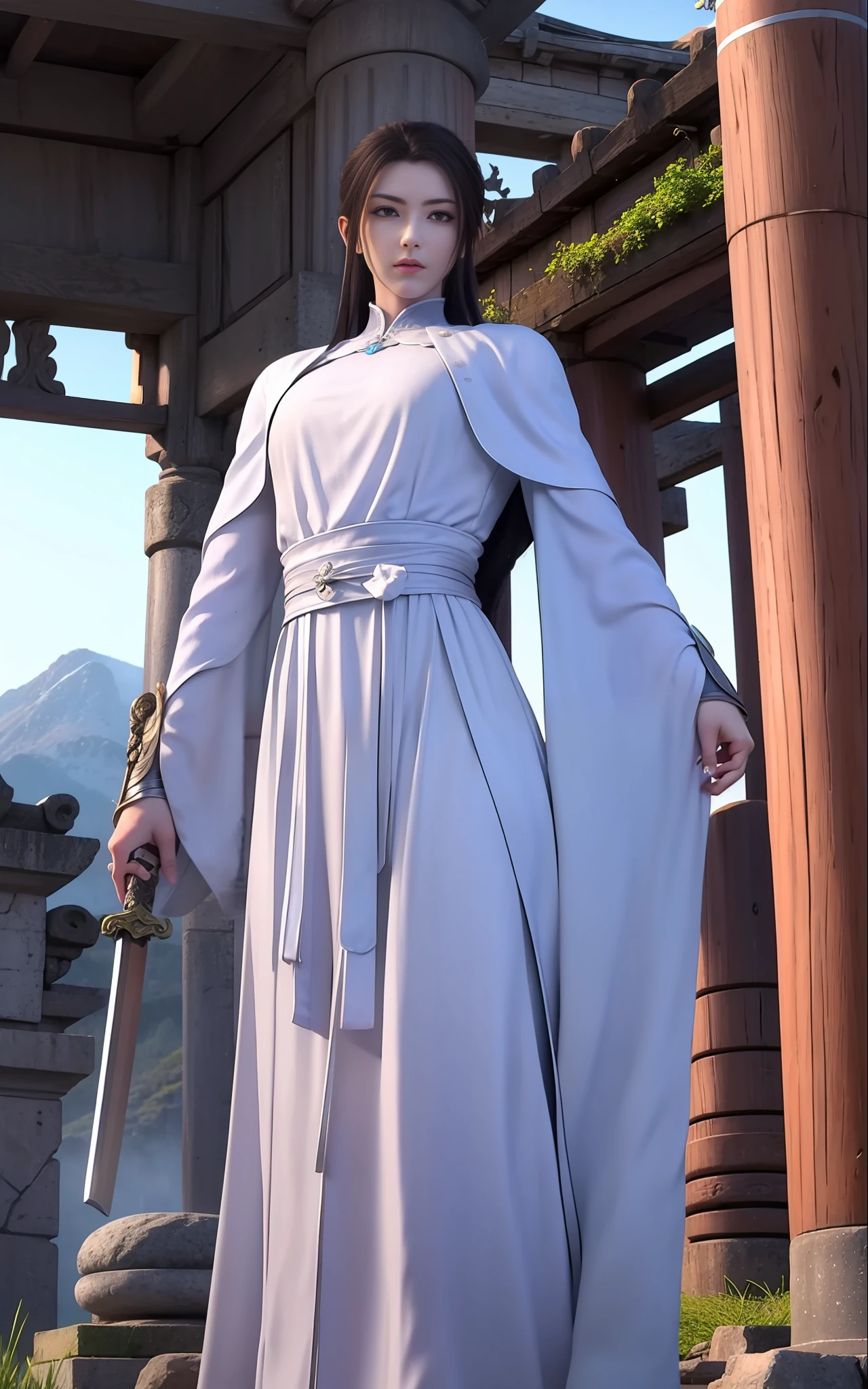 swordsmen,White robe white,length hair,Ancient buildings,Deep mountains