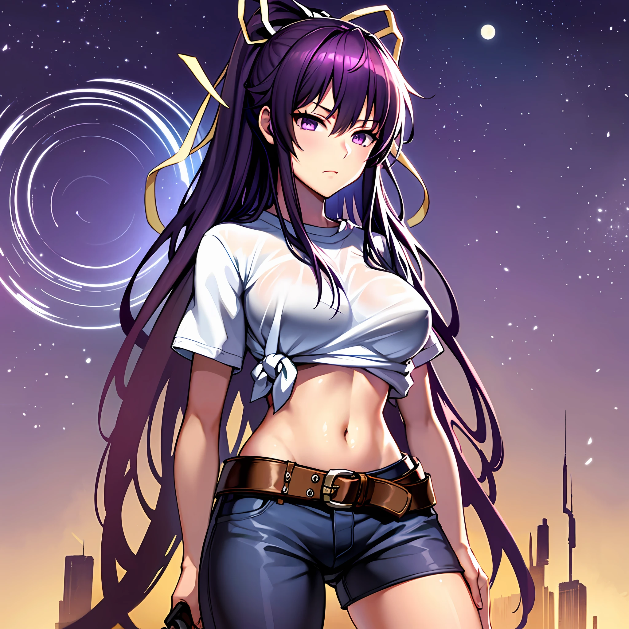 巨作, 最好质量, Hi-Res, kaori1, 1girl in, 独奏, sheathed, Asymmetrical clothing, navels, purple colored eyes, extra very long hair, Tied shirt, Midriff, Hair ribbon, Single pants legs, Camisa blanca, poneyTail, black har,, JINS, White ribbon, brown belt, purple color  hair, Asymmetrical leg blades, cow-boy shot　cool expression　With a scabbard　exteriors　nights　Night when the moon shines