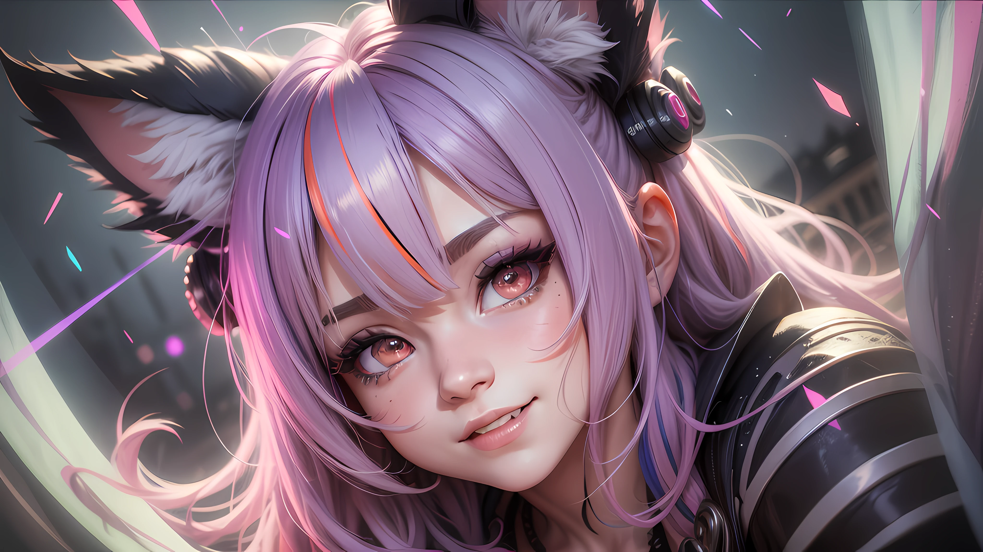 hair bobbles, wince, longeyelashes, solid circle eyes, fake animal ears, light smile, ear blush, fang, mole under eye, animal ears, wolf ears, Surrealism, drop shadow, anaglyph, stereogram, tachi-e, pov, scanlines, multiple views, 8k, super detail, ccurate
