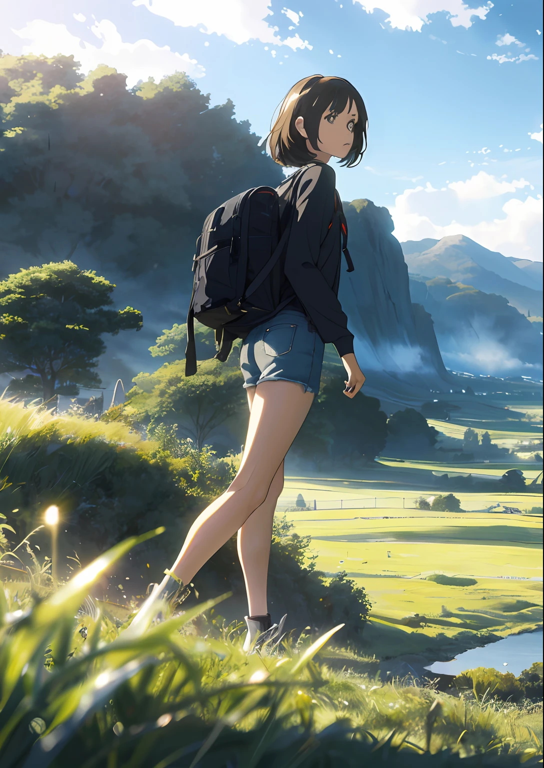 (beautiful and magnificent skyline, majestic sky), (extremely tense and dramatic pictures, moving visual effects), (high hanging Polaris, colorful natural light), (1girl), (long-sleeved top, denim shorts, carrying a backpack), (dynamic pose:1.3, black eyes, black hime-cut hair, sparkling girl)[:0.8], (large grassland), (oncoming breeze), (brown hair and background Coordination effect: 1.2), (close shot, long shot mix and match)[::0.9]