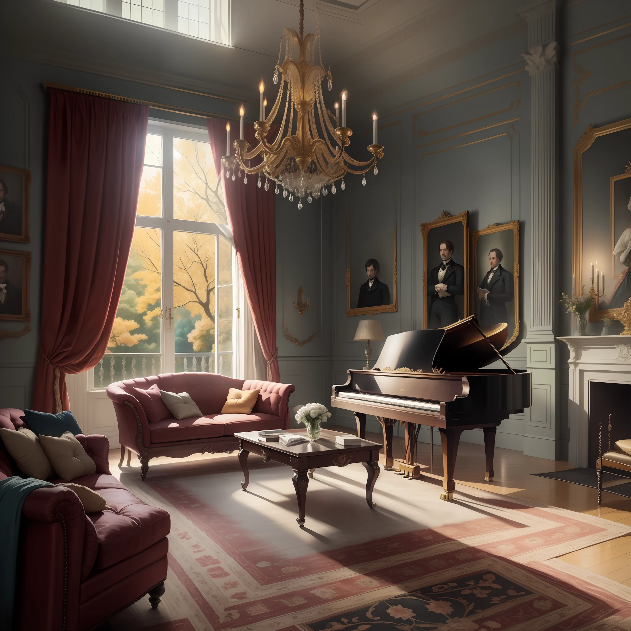 masterpiece, 8k wallpaper, detailed music room of 1800s victorian huge and beautiful english rural mansion, piano, music sheets, partitures, victorian chairs, lounges and sofas, draperies, art, paintings, carpet, cushions,  shinny french windows, sunny, spring, realistic, intrincated detailed