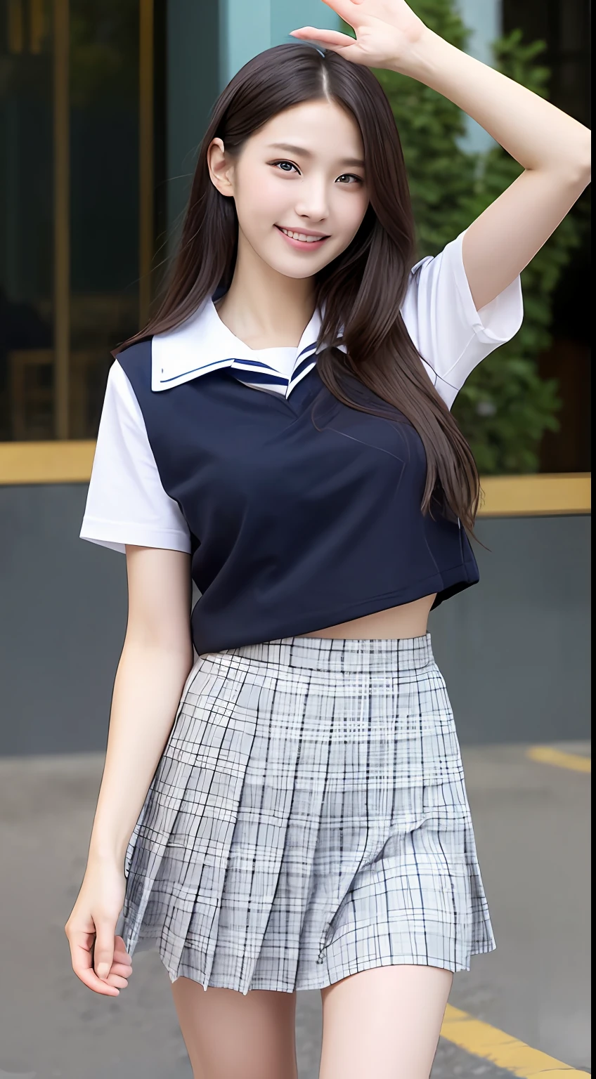 (最好质量、8k、巨作:1.3)、Beautiful Women in Perfect Figure:1.4、Black hair、sailoruniform、A schoolgirl、kawaii、extremely detailed face and skin、detailed eye、双眼皮、skinny legs、a smile、mini-skirts、１ten mens、body complet、Waving hands
