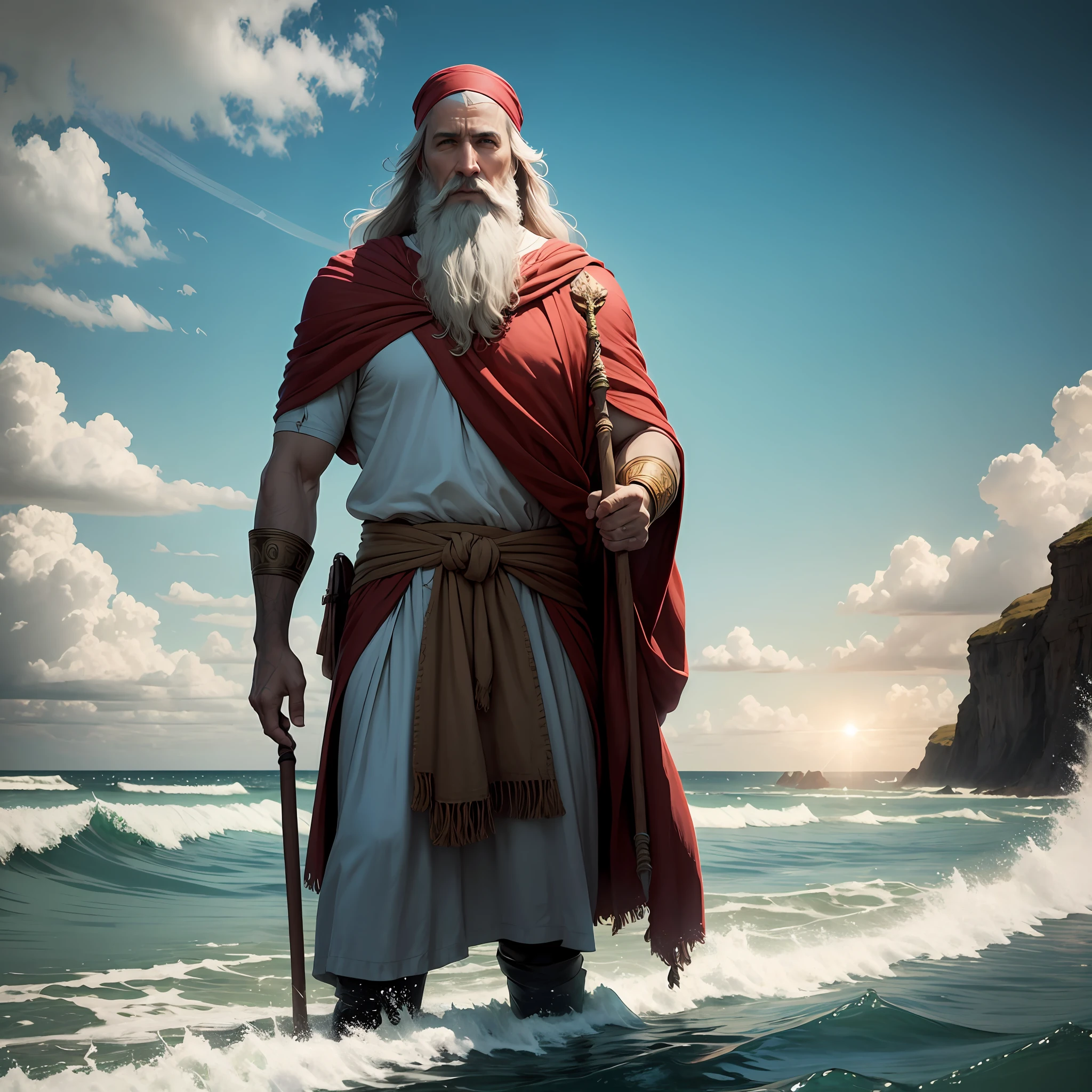 Moses of the Bible Looking Forward, imagem ultra realista, rica em detalhes, holding a staff with your hand, imagem de fundo se assemelha a um grande mar --auto