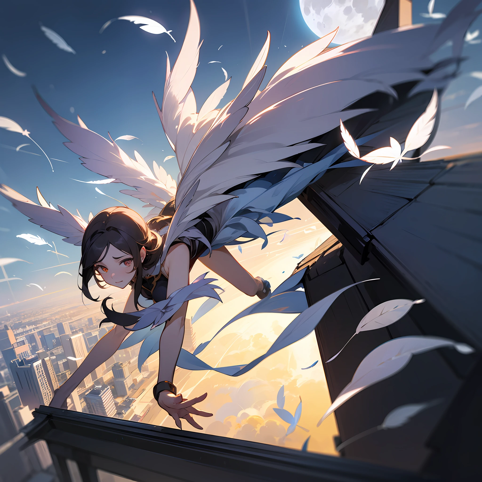 Beautiful woman fleeing from rooftop of skyscraper to rooftop、Bad guys chasing、Cornered and jumping off、Feathers growing on the ground and flying in the sky like heavenly maiden、She looks like she's about to cry, but she's relieved.、looking in camera、big eye、1garl、Full Moon Night --auto