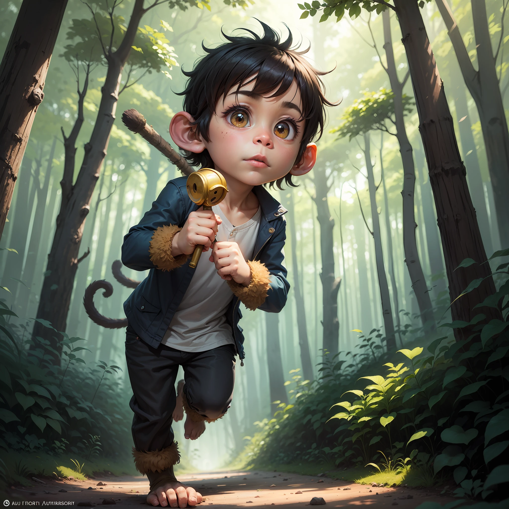 An adventurous monkey boy on various adventures through the forest drawing --auto