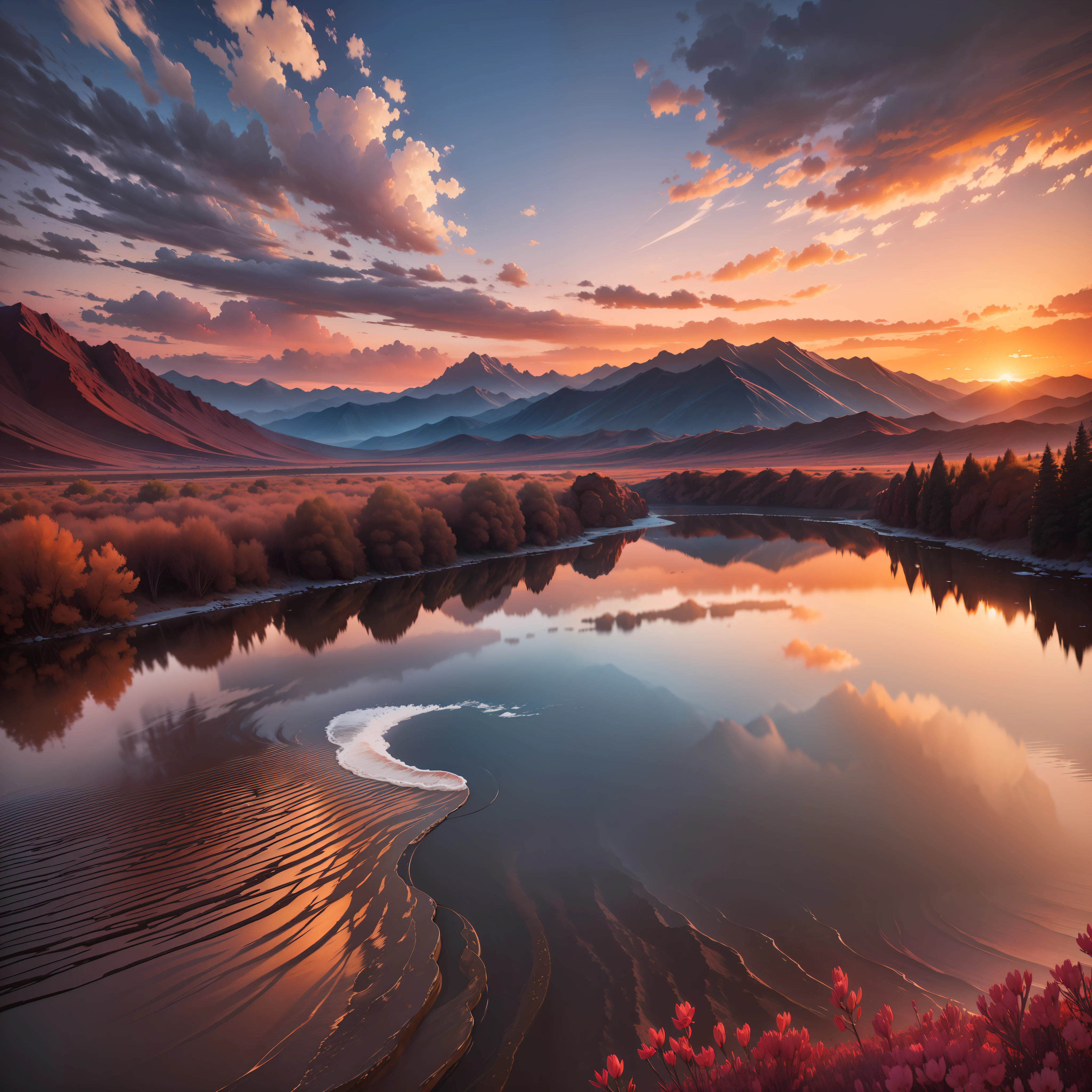 Looking at the distant mountains into the clouds, the sunset shines on the red mountains.
The flowing spring is surging, beautiful and natural.
The past floats with the waves, and life is like water that is difficult to turn around.
The mountains and rivers are picturesque, and dreams are turned over.