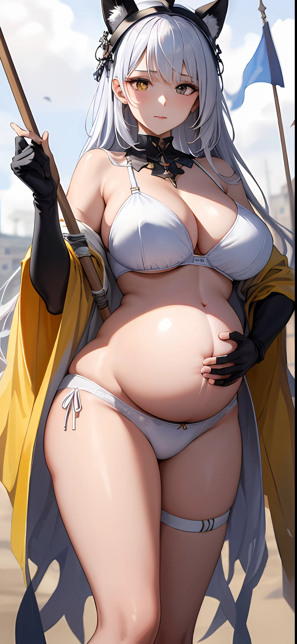 masterpaintings, the best quality, PrinzV4, 1girl huge large breasts, 独奏, length hair, cleavage of the breast, looking at the spectator, large tities,Large breasts, mitts, Belly button, Hold, White liquid, Yellow eyes, White hair, red hair, O cabelo multicolorido, Open your clothes, Black gloves, Open bra, Official alternative costumes, Striped hair, latte, hand on hips, underboobs, head piece, Banner, White panties, Queen of the game, Hold the flag,pregnant women with,shot on the body,cum on the stomach,The white liquid is drizzled all over the body