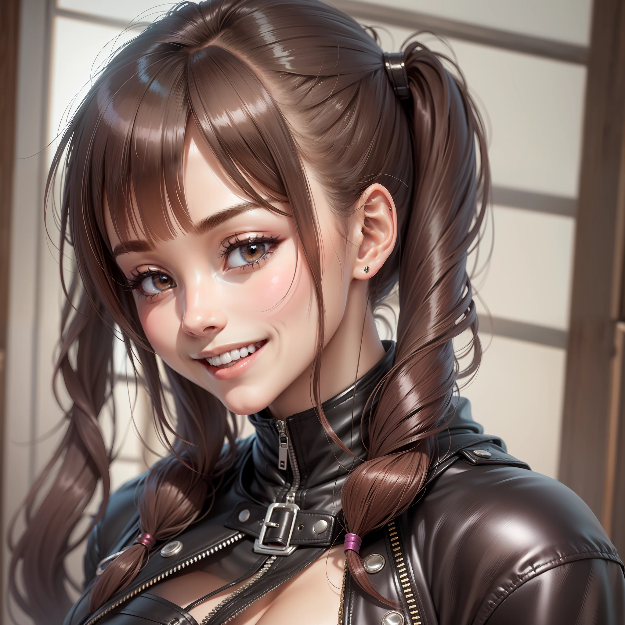 Wearing a leather jacket over a bodysuit babes smile on face Long smile on face beautiful a girl twintails the best quality A masterpice beautiful a girl