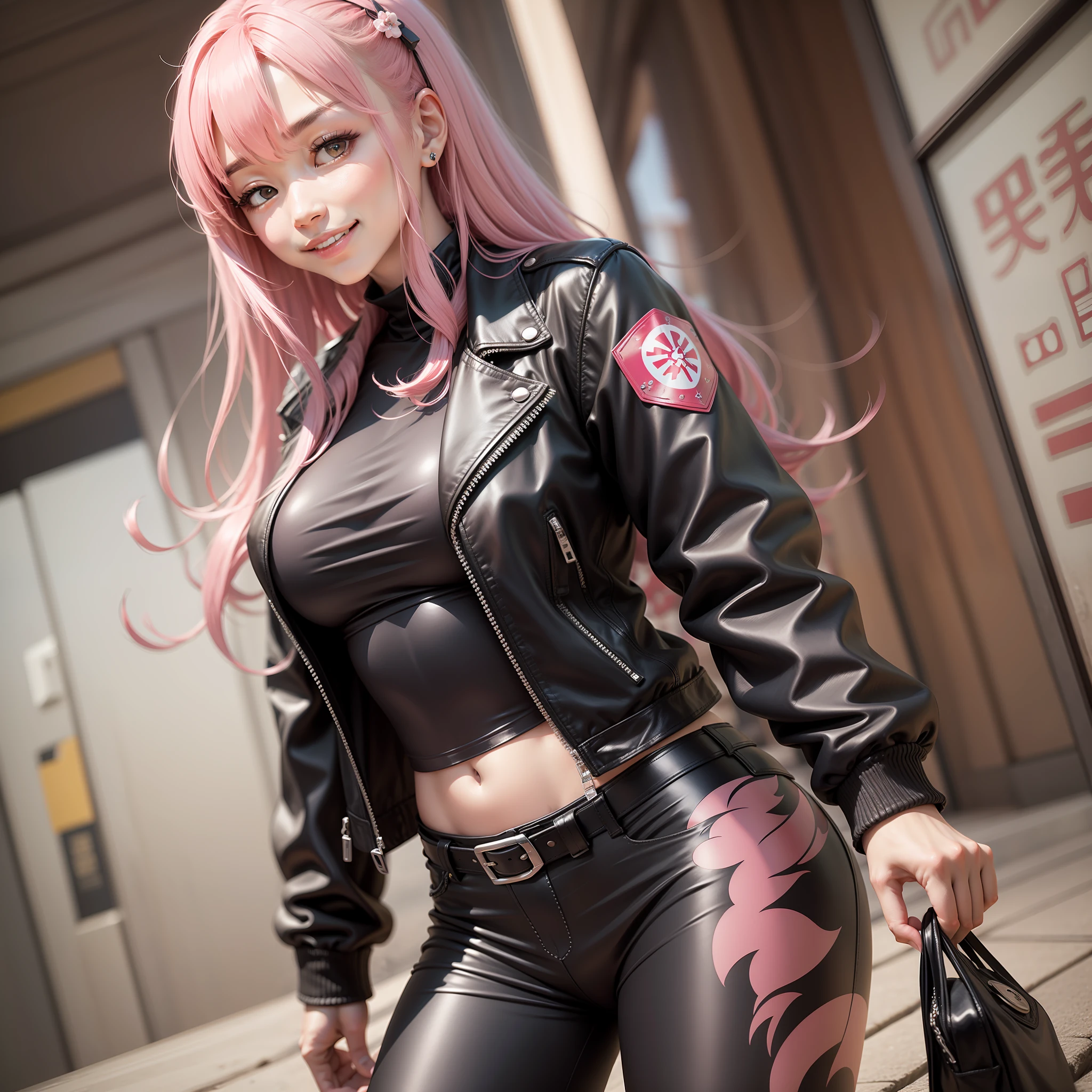 japanaese girl leather jacket leather pant Long smile on face Pink hair the best quality A masterpice ultra-high-resolution
