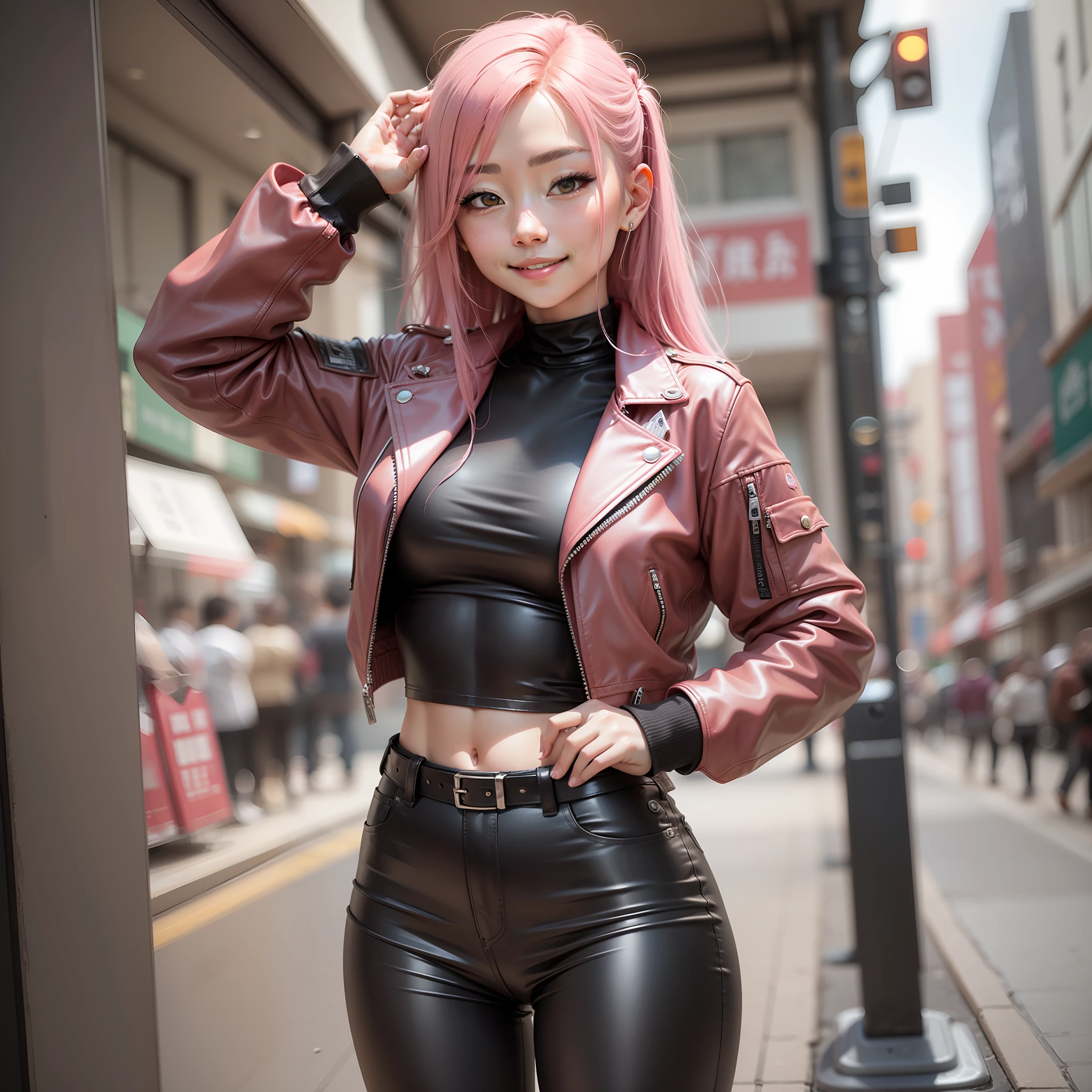 japanaese girl leather jacket leather pant Long smile on face Pink hair the best quality A masterpice ultra-high-resolution
