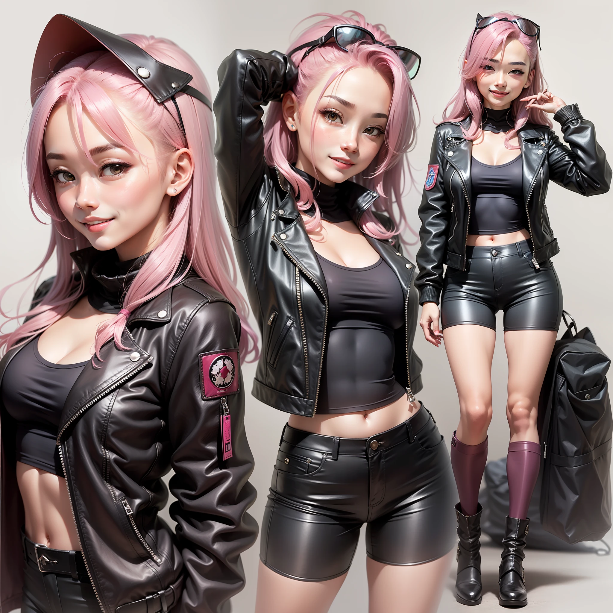 japanaese girl Leather jacket leather pant Long smile on face Pink hair the best quality A masterpice ultra-high-resolution beautiful a girl