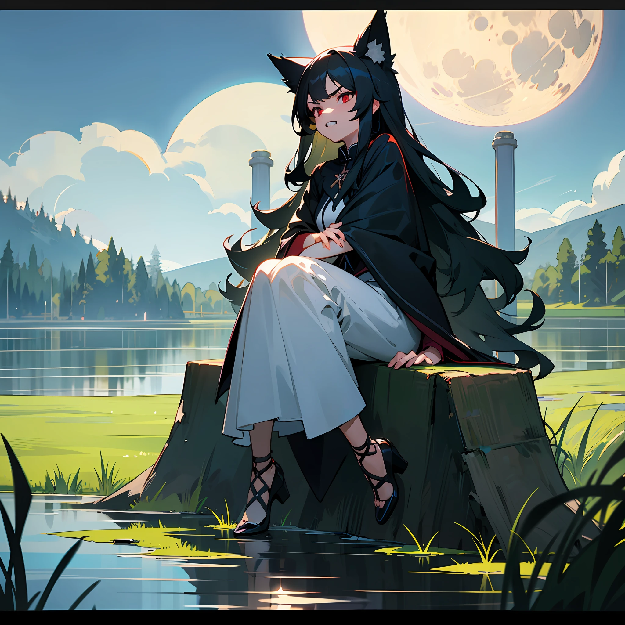 1girl, long black hair, long bangs, dark red eyes, pointed teeth, wolf ears, serious look, no smile, lake, sitting on the grass, full moon --auto