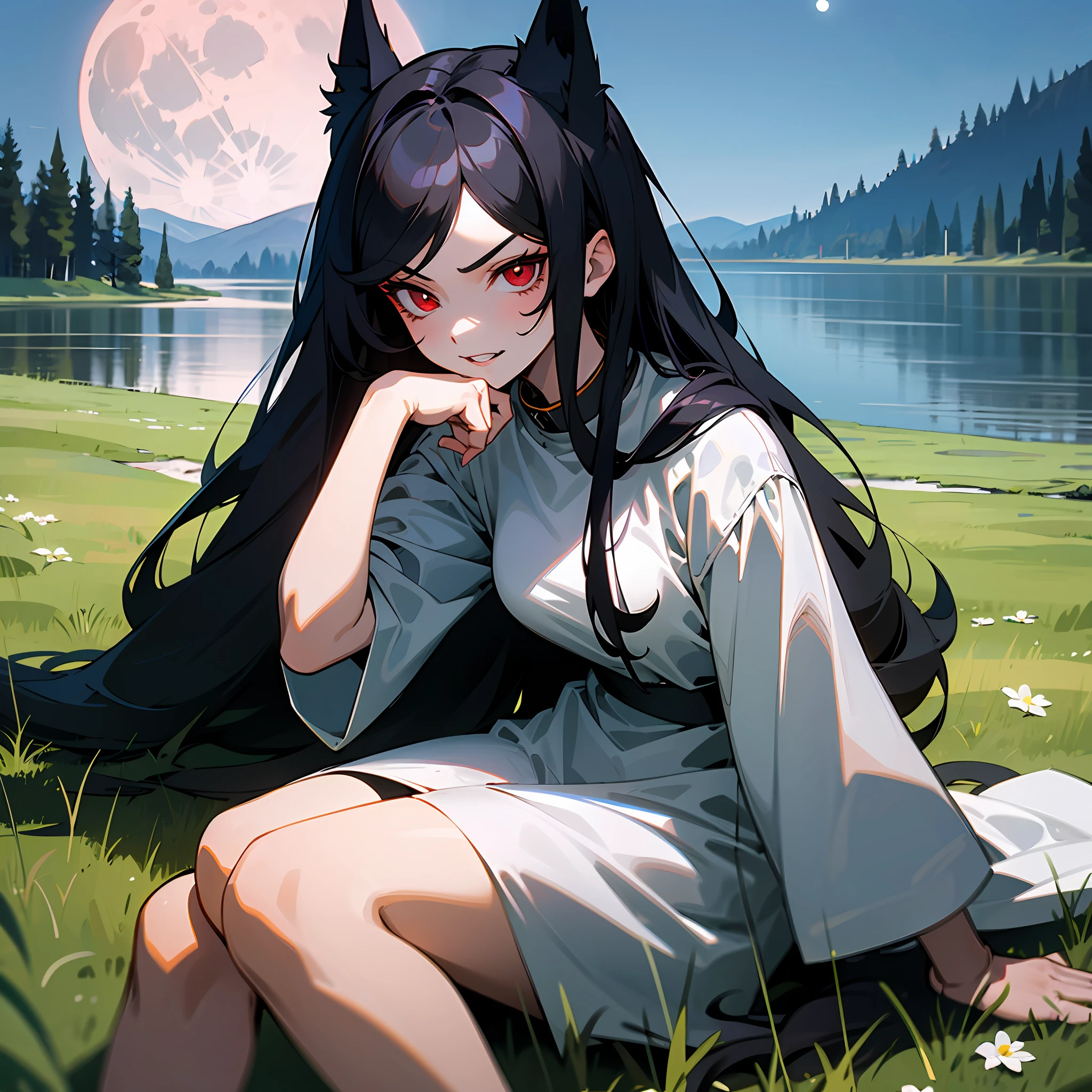 1girl, long black hair, long bangs, dark red eyes, pointed teeth, wolf ears, serious look, no smile, lake, sitting on the grass, full moon --auto