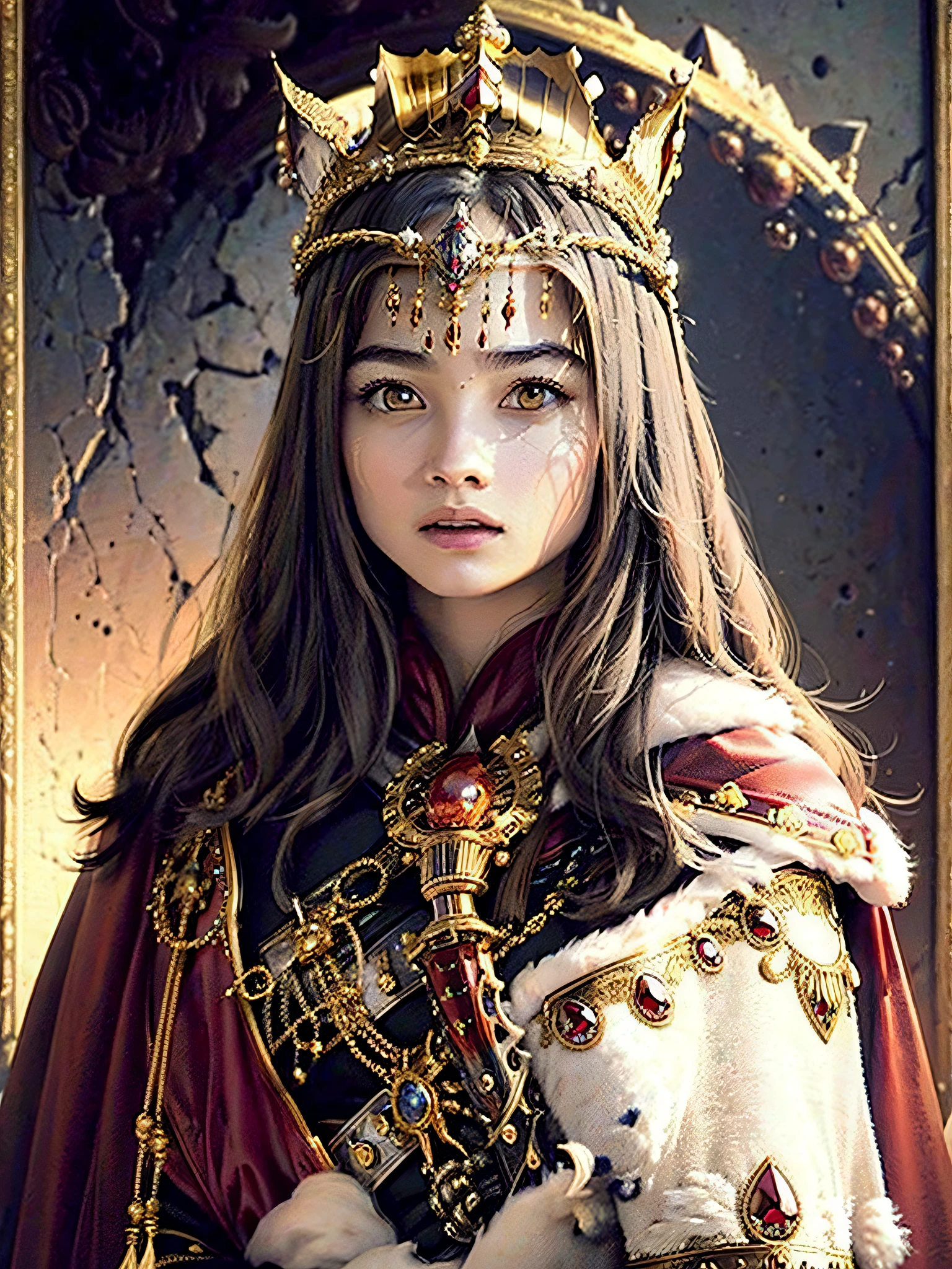 (masterpiece, top quality, best quality, official art, beautiful and aesthetic:1.2), (1girl), (warrior queen armor, fur-lined cape, jeweled crown:1.2),serious