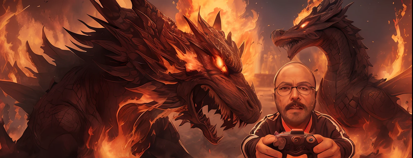 ((Best quality)), ((Masterpiece)), deux dragons entourant un gamer mal, il tient une manette de jeu en feu dans les mains, le tout dans une prison de flammes, masterpiece quality, insane detail, absurdes, hyper photorealistic, UHD, UHD, ultra highres, (photorealistc:1.4), Art officiel, (8k, Photo brute:1.2) --auto