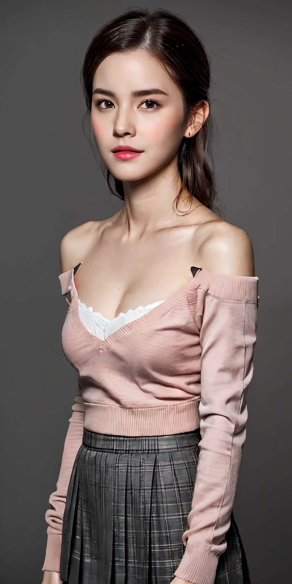 A ???? and charming Korean woman, elegant and intellectual, confident and generous, exquisite and beautiful face, delicate collarbone, charming shoulders, orange sweatshirt, gray pleated short skirt, full body photo, body facing forward, absolutely beautiful and delicate face, pink lips, fragrant shoulders slightly exposed, ????? looming, focus on the face, seductive delicate collarbone, ultra-high resolution, skin supple and smooth, very realistic details, simple background, ultra-high-definition, outstanding details, 8K, face blush, attractive collarbone, ???? shoulders