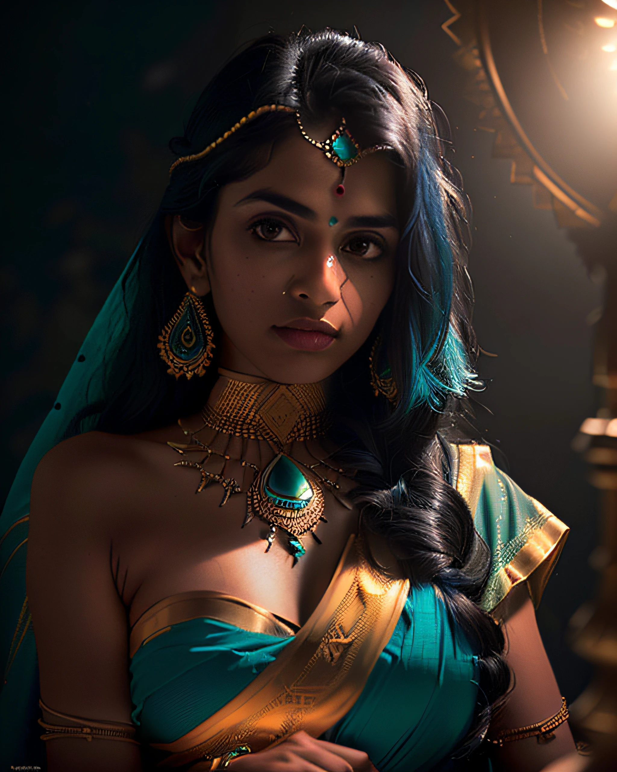 portrait of a award winning photo of indian princess posing in a dark studio, (rim lighting,:1.4) two tone lighting, sharp focus, teal hue, octane, unreal, dimly lit, low key,