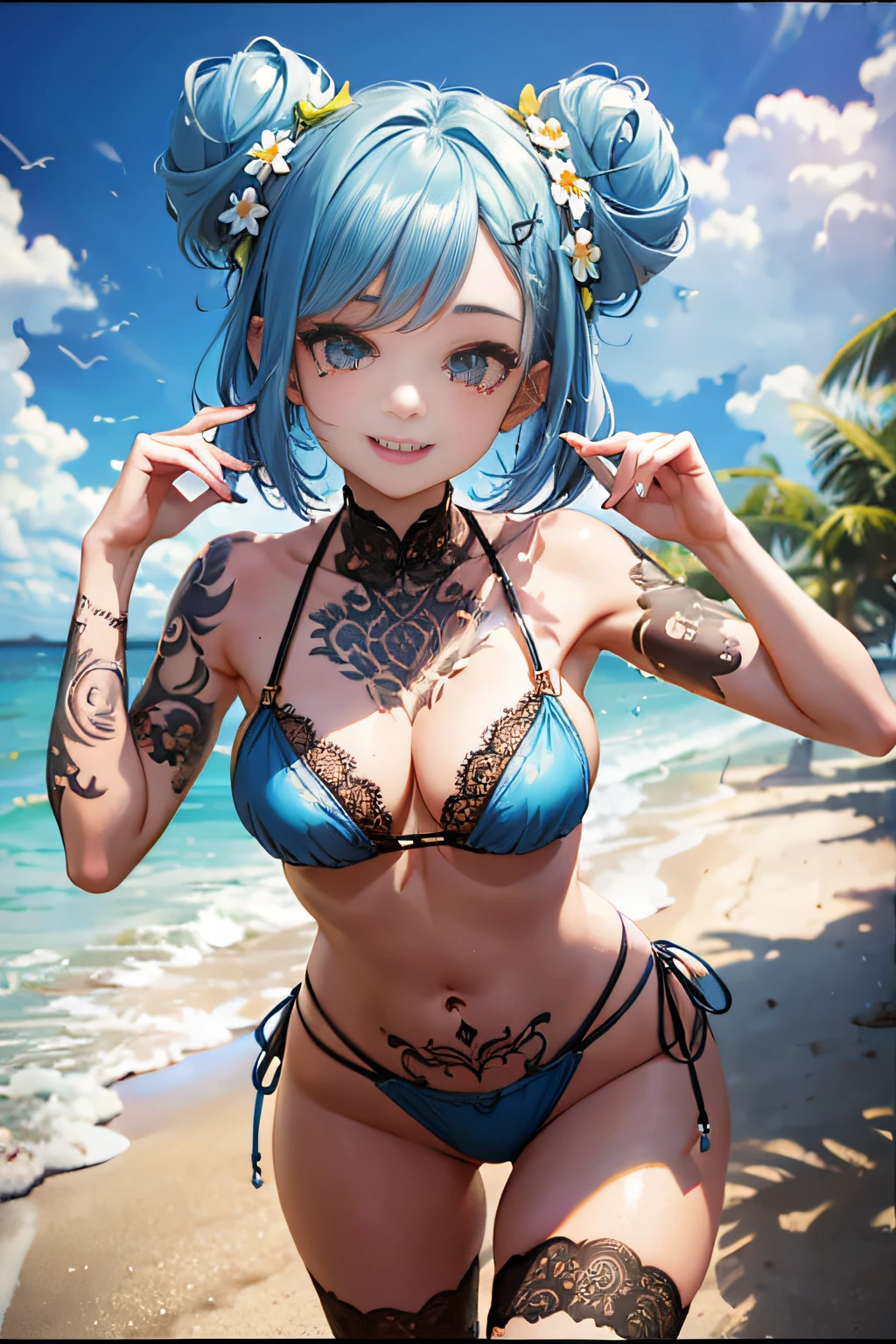 a very beautiful girl, front pose, cute fangs, shy, detailed hairstyle, lace details, garterbelt, walking, playing, rainbow bikini, beach background, dark makeup, tattoo, thin waist, random color clothes, hair with flowers details and back buns, (((short blue hair))), discret smile, (full body), detailed eyes, intricate details, octane render, 8k