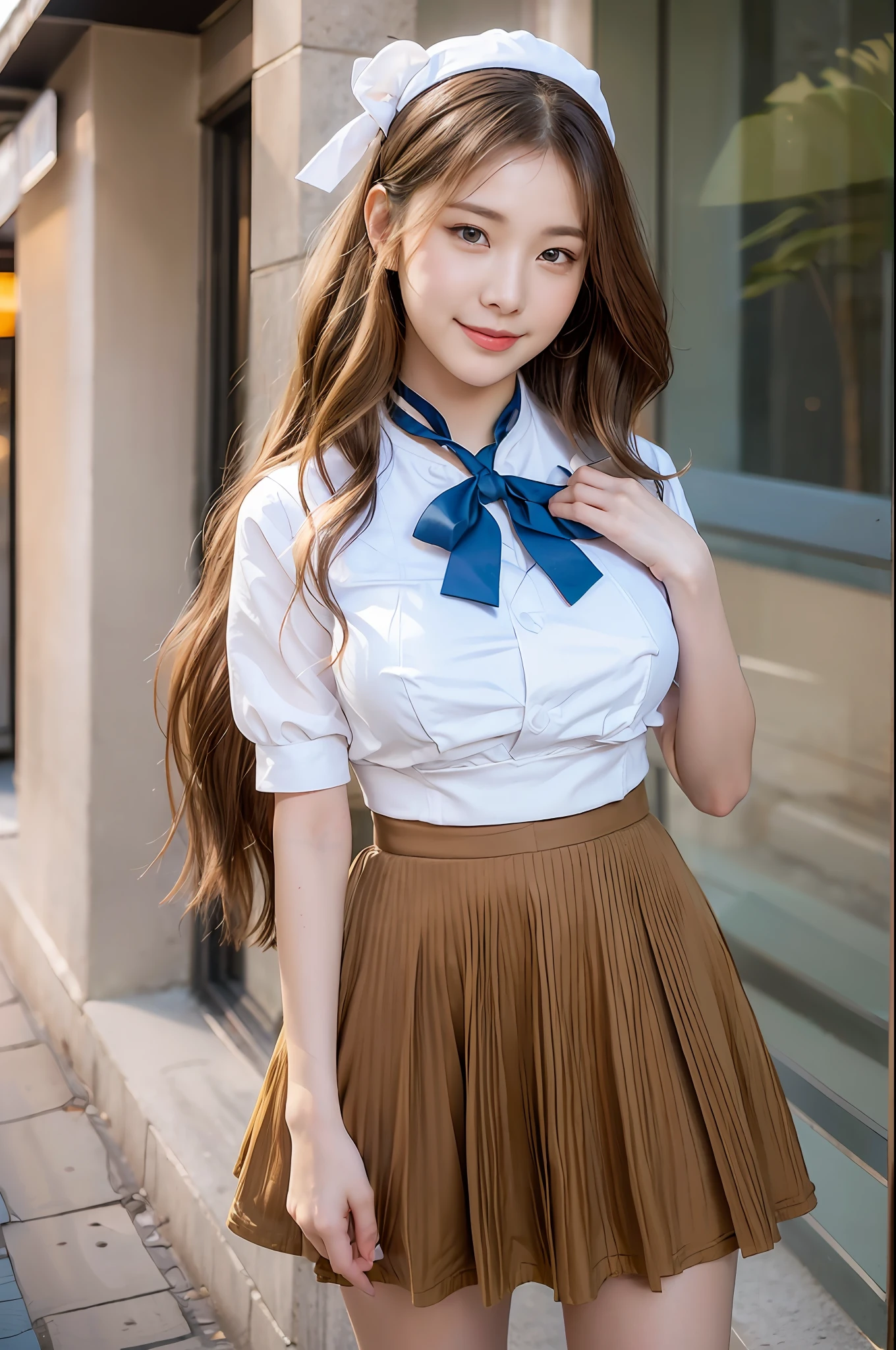 ASCII top quality, ultra high resolution, (photorealistic: 1.4), one girl, (ulzzang-6500:1.0), Kpop idol, highest quality (brown wavy hair: 1.1), (blonde hair, shiny wavy hair, smile, girl, 1 girl, beautiful blue eyes), (lovely: 1.16), (very delicate and beautiful), beautiful, colorful, (hair ornament: 1.3), long hair, (white uniform: 1.2), (outdoor), (school building: 1.2), cityscape, (light smile: 1.2), (insanely cute and beautiful girl), movie shadow, (dynamic angle), (sharp outline),, cute, cute, ((())), (blue pleated skirt), (blue ribbon), ((shiny eyes)), shiny hair, shiny hair, big breasts, upper body