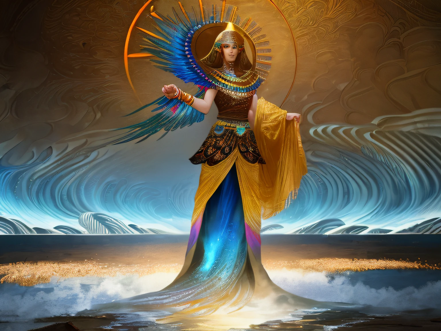 Isis the Goddess of Rainbow, Egyptian woman, peacock feathered wings, long flowing iridescent dress, standing on the edge of the River Nile, glowing yellow eyes, cinematic eye textures, hyper focus on facial details, individual hair strands, beauty filter, BREAK masterpiece illustration portrait, clear skies after the rain background, subsurface scattering, ray traced, depth of field, bokeh, vivid colors, cinematic hard lighting, realistic shadows,