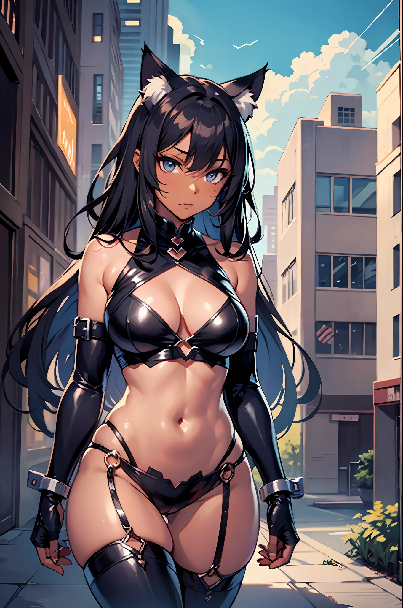 Masterpiece, Excellent, 1girl, solo, complex details, color diffusion, comic book, anime, marvel, DC, catgirl, dark skin, ebony, brown skin, dark-skinned female, big butt, thighs, ass, cat ears, cat tail, dark hair, black hair, skimpy attire, epic attire, assassin, badass, deadly but sexy, trending, demon, goddess